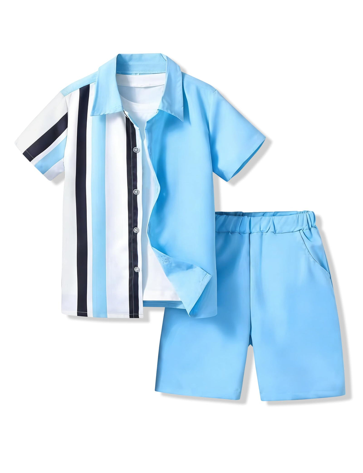 Ayzozuy Boys Summer 2-Piece Outfit Size 6-13 Short-Sleeve Textured Button-Down Shirt & Solid Elastic-Waist Shorts Set