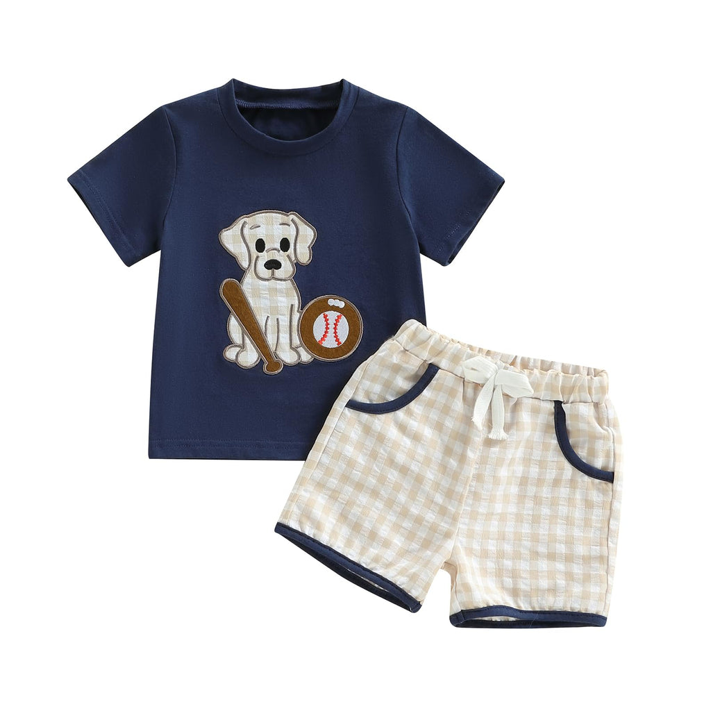 Toddler Baby Boy Baseball Outfits Summer Clothes T-shirt Plaid Shorts Set