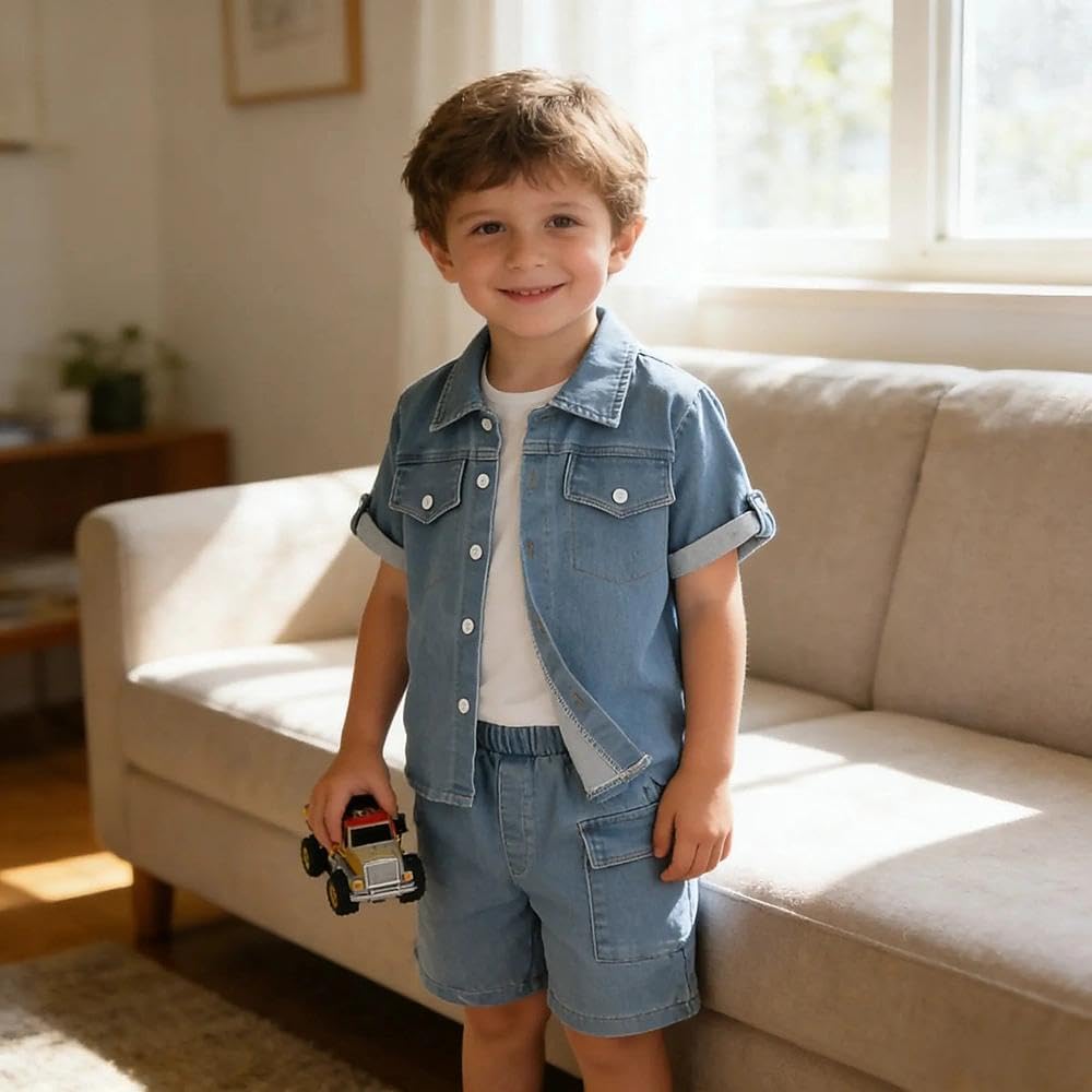 3-7T Toddler Boys Clothes Denim Outfit Set – Short Sleeve Button-Up Jean Jacket & Stretch Denim Shorts