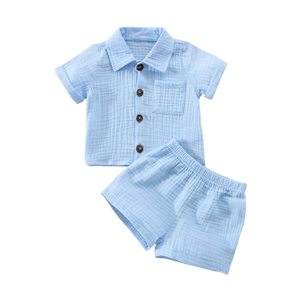 Baby Boys Clothes Set Toddler Infant Boys Button-down Shirt Tops + Cotton Gauze Shorts Summer Outfit 2PCS with Pockets