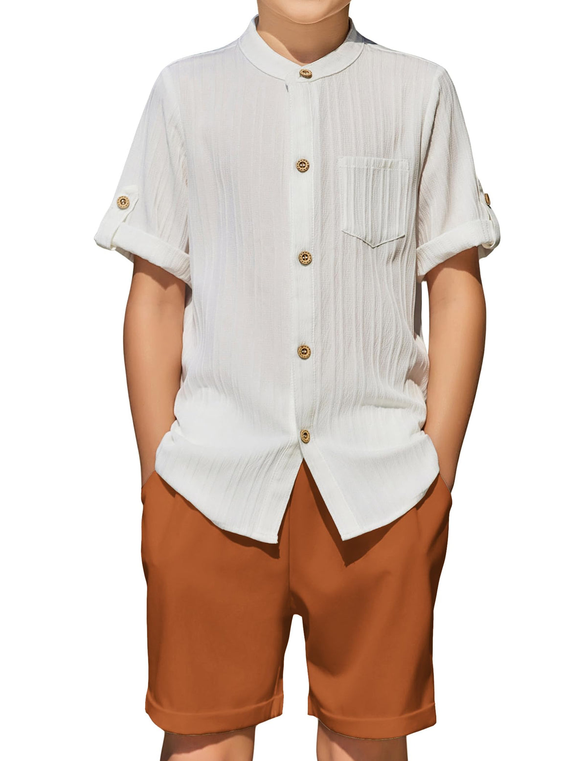 Arshiner Boys Summer Outfits Textured Button Down Shirt and Shorts Set