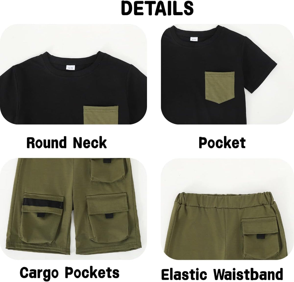 Azmxynol Tween Boys Clothes Daily Casual Short Sleeve Top + Cargo Shorts 2 Pieces Outfit Set, Size 6-14 Years