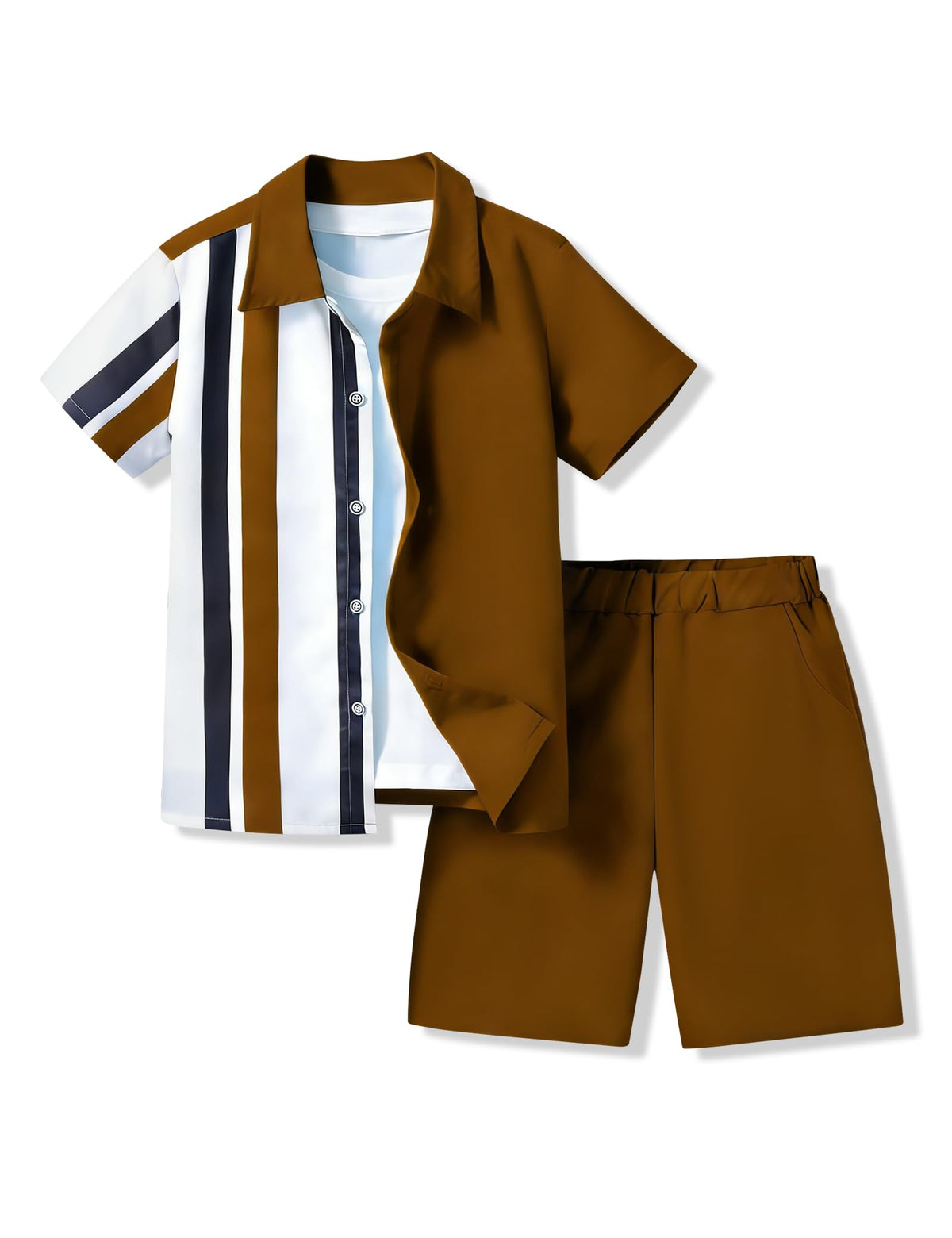 Ayzozuy Boys Summer 2-Piece Outfit Size 6-13 Short-Sleeve Textured Button-Down Shirt & Solid Elastic-Waist Shorts Set