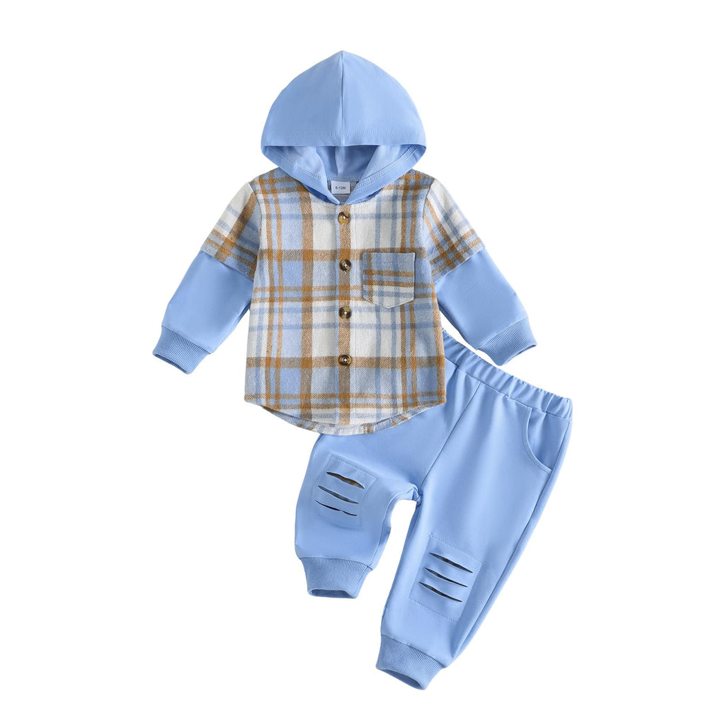 Douhoow Toddler Unisex Baby Clothes Boys Girls Flannel Shirt Tops Plaid Hoodie Sweatshirt + Sweatpants Fall Winter Outfits
