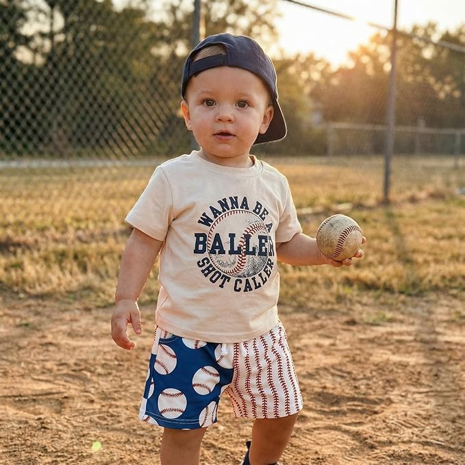 Toddler Baby Boy Baseball Outfits Summer Clothes T-shirt Plaid Shorts Set
