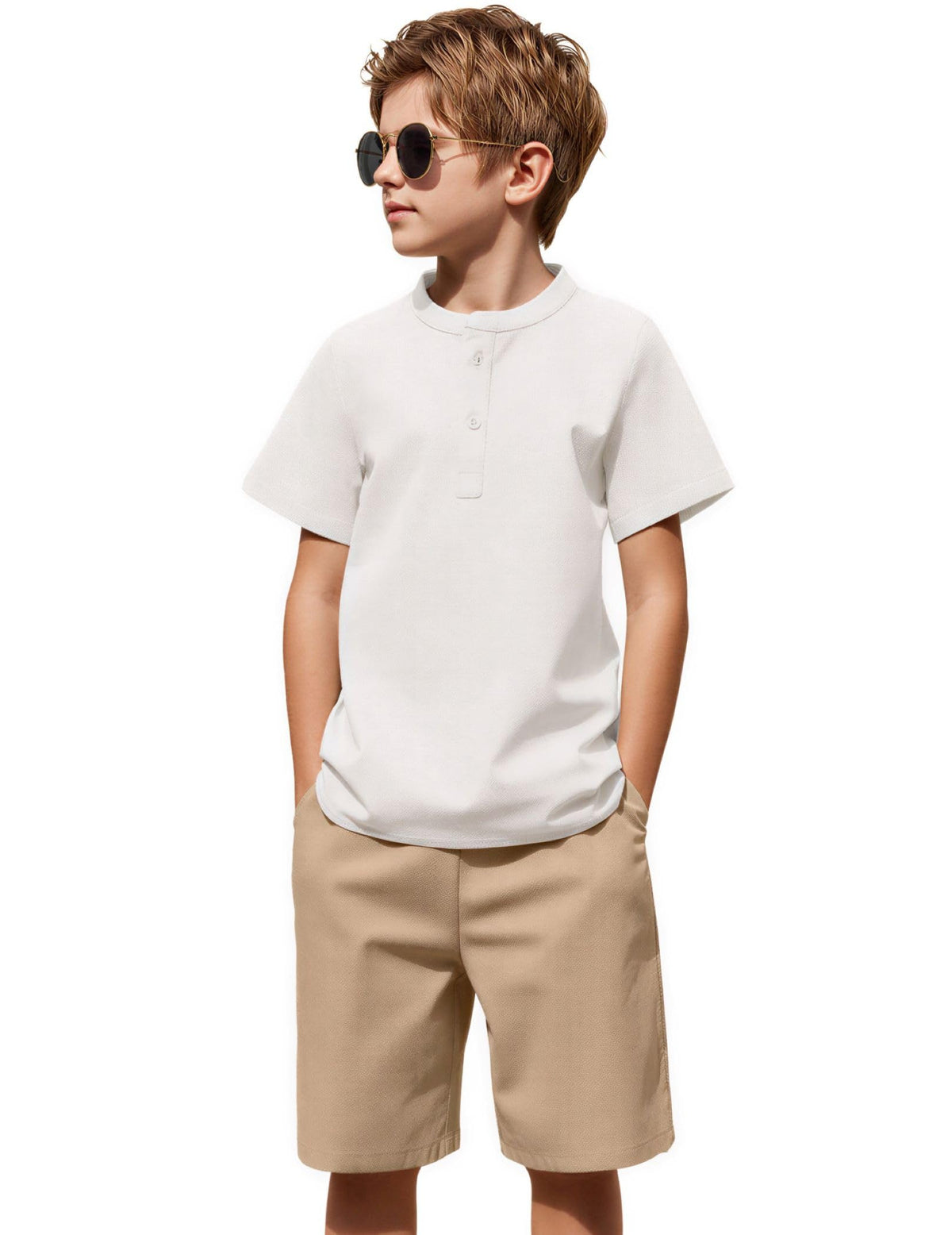 Arshiner Boy's 2 Pieces Cotton Linen Set Casual Henley Shirts Short Sleeve Beach Shorts Summer Outfits for 5-12 Years