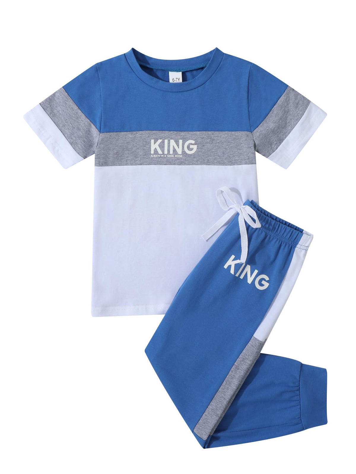 Axumity Tween Boys' 2-Piece Casual Outfit Spring Summer Short Sleeve Crewneck Top & Color Block Pants Size 6-13