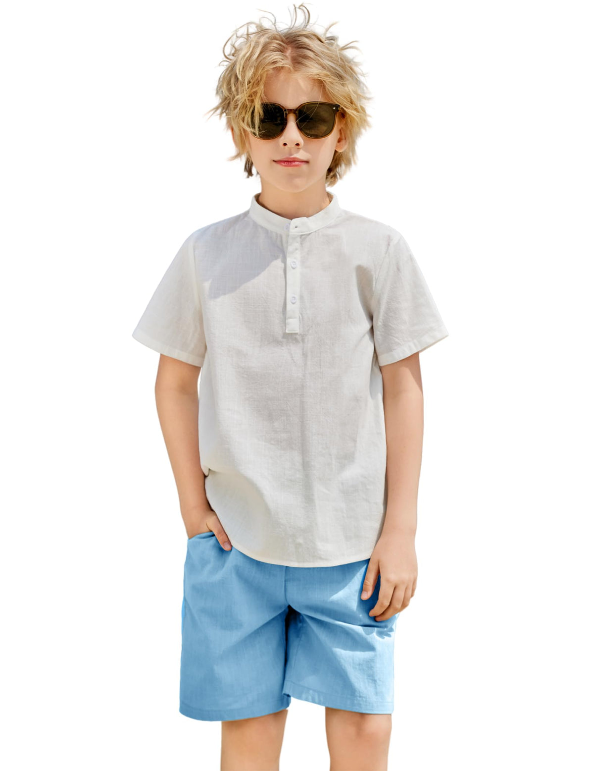 Arshiner Boy's 2 Pieces Cotton Linen Set Casual Henley Shirts Short Sleeve Beach Shorts Summer Outfits for 5-12 Years
