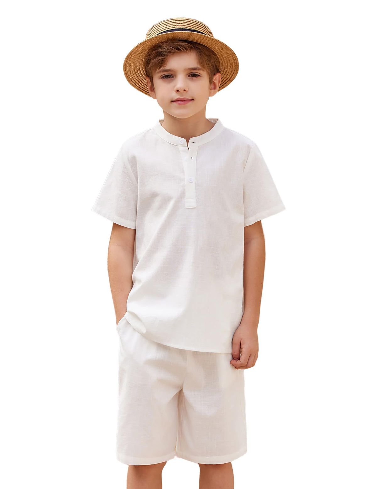 Arshiner Boy's 2 Pieces Cotton Linen Set Casual Henley Shirts Short Sleeve Beach Shorts Summer Outfits for 5-12 Years