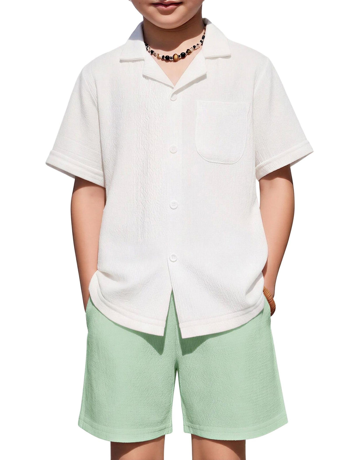 Arshiner Boys Ribbed Textured Outfit Cuban Collar Shirt & Shorts 4-12 Years