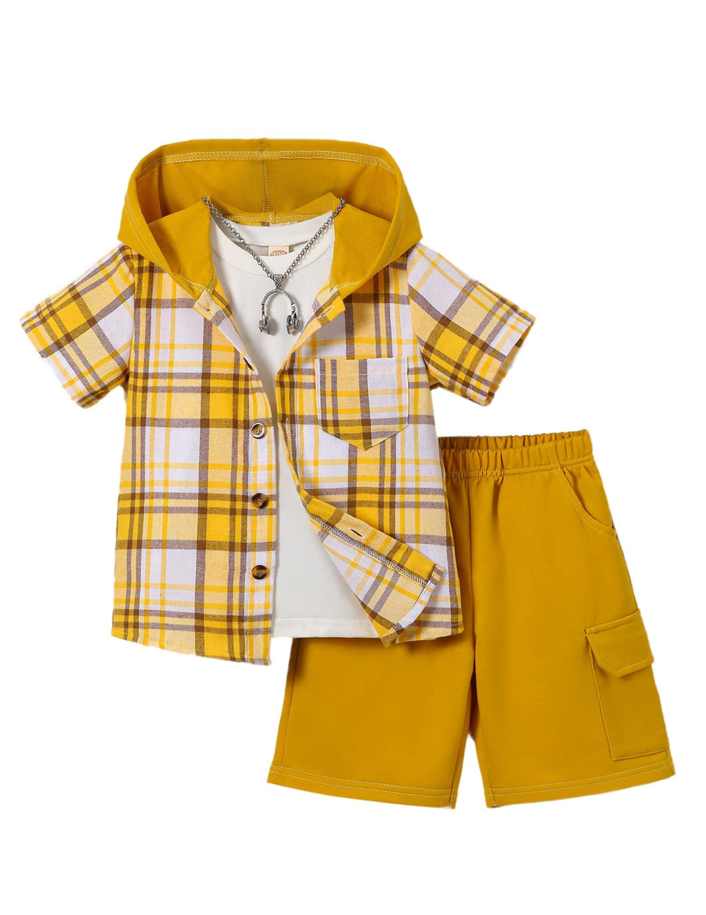 Boys Clothes Shorts Sets Plaid Short Sleeve Hooded Button Shirt and Jogger Shorts for Kids Summer Outfits