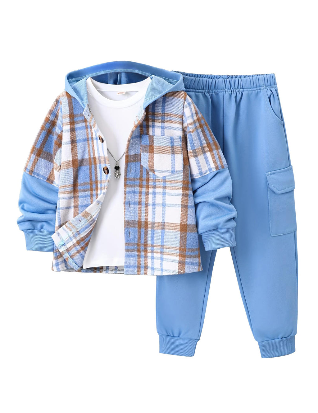 2Pcs Kids Boys Flannel Plaid Shirt Tops Pants Set Hoodie Sweatsuit for Fall Winter Spring Outfits 4-12 Years