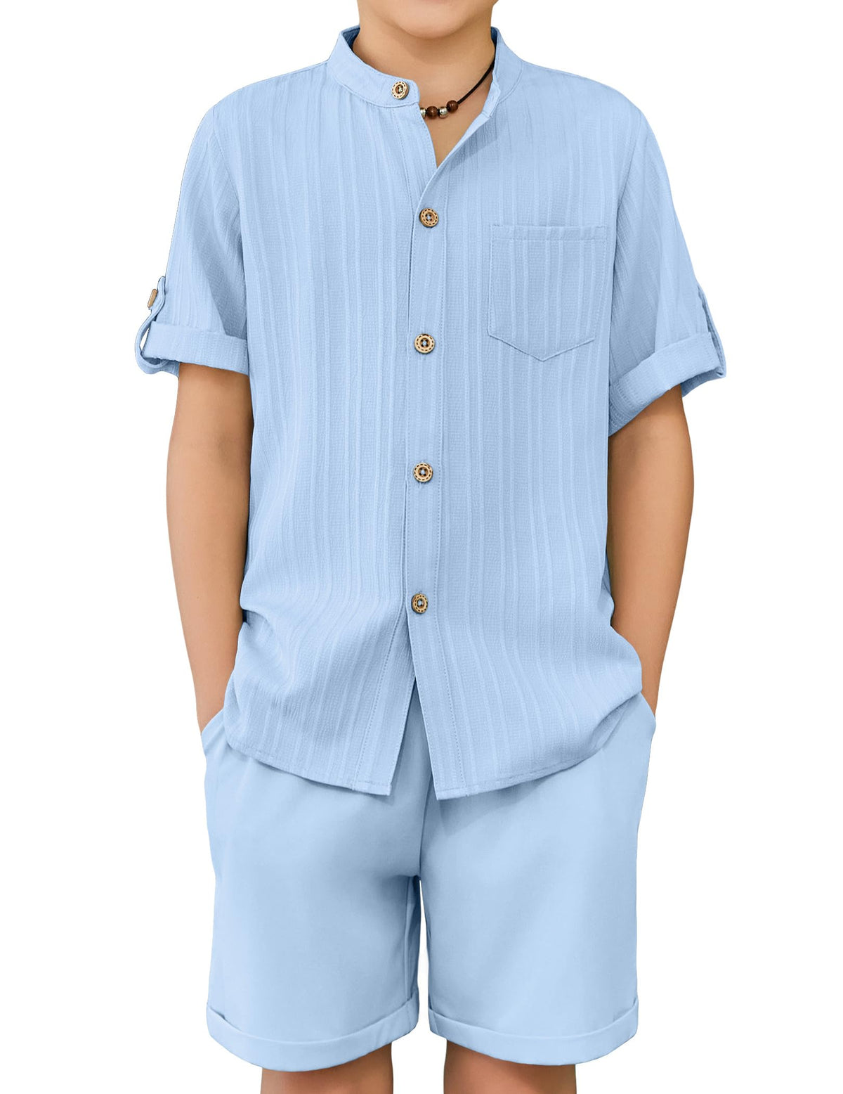 Arshiner Boys Summer Outfits Textured Button Down Shirt and Shorts Set