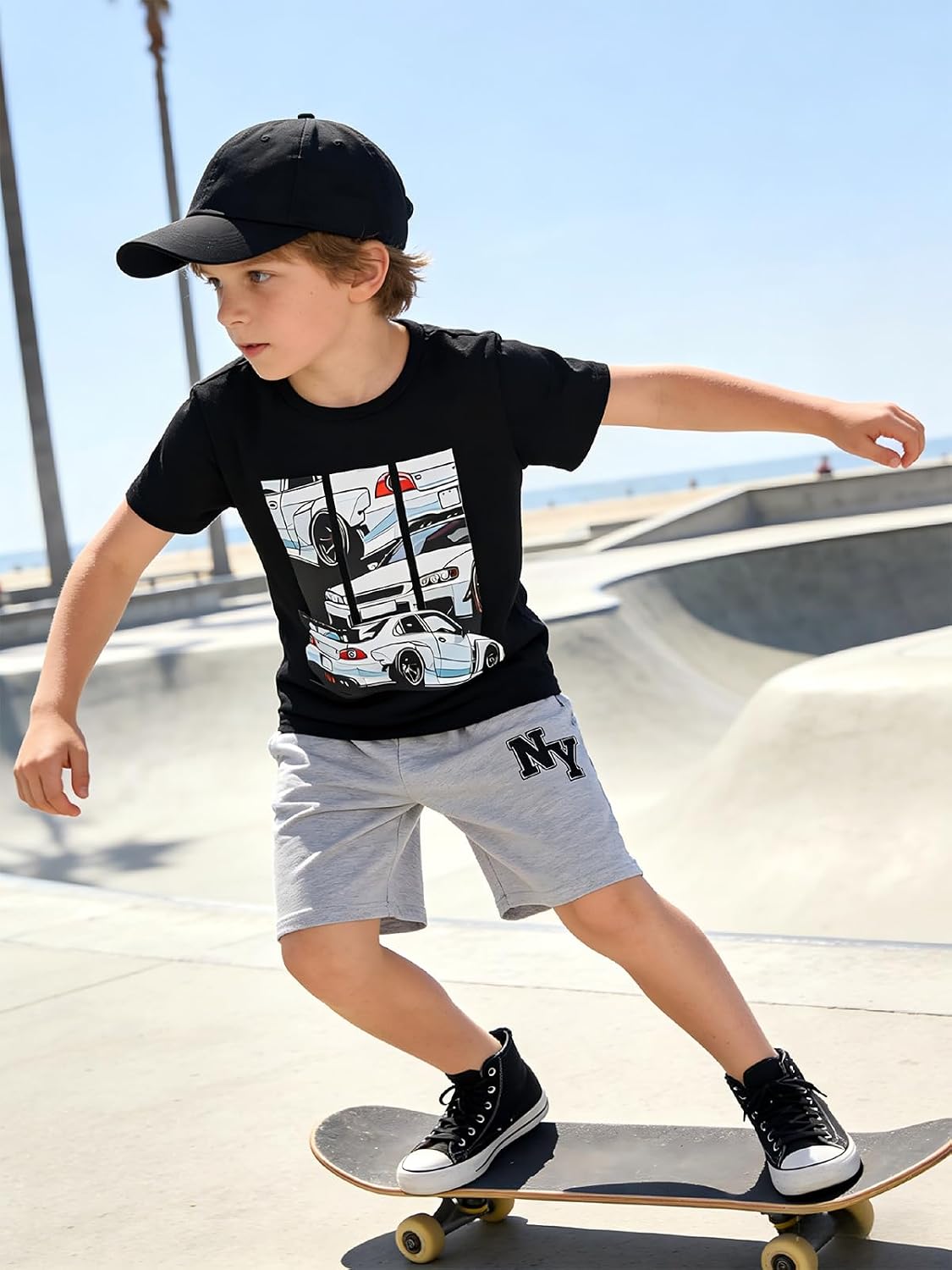 Boys Clothes 2-Piece Summer Outfit Car Print T-Shirt & Letter Print Shorts for Kids Clothing Set 6-12Y