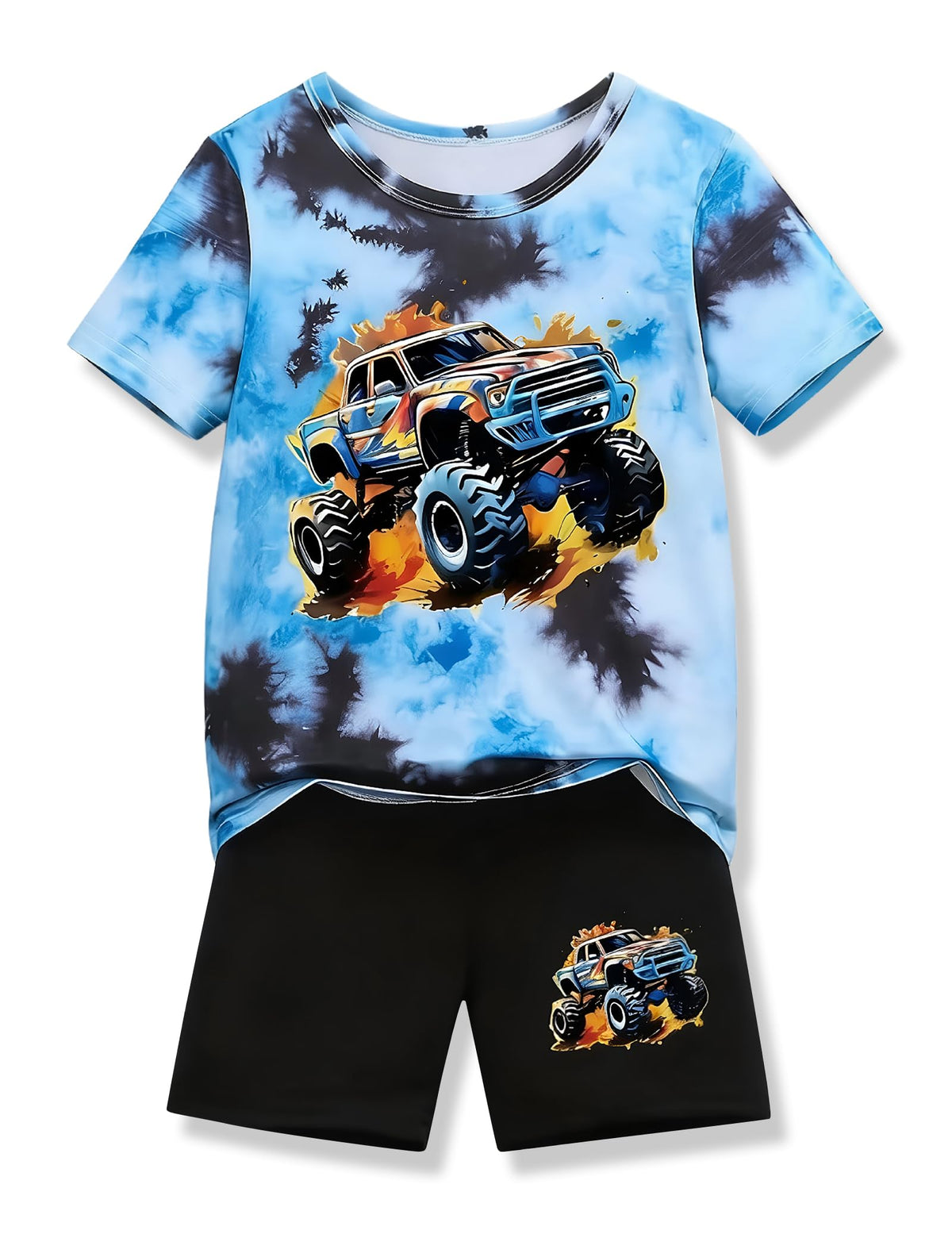 Boys Clothes 2-Piece Summer Outfit 3D Car Print Tie-Dye T-Shirt & Elastic Waist Shorts for Kids Clothing Set 5-11Y