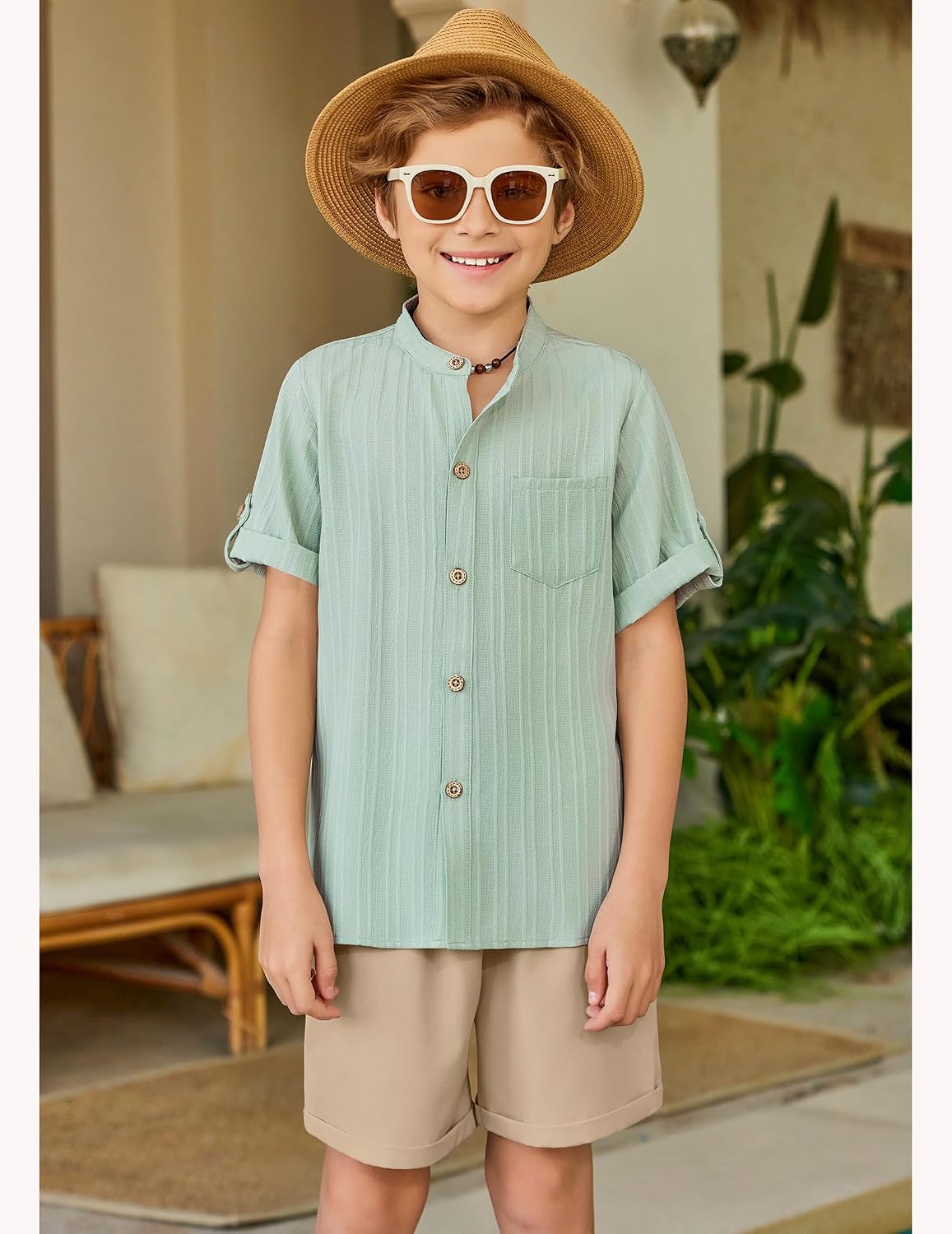 Arshiner Boys Summer Outfits Textured Button Down Shirt and Shorts Set