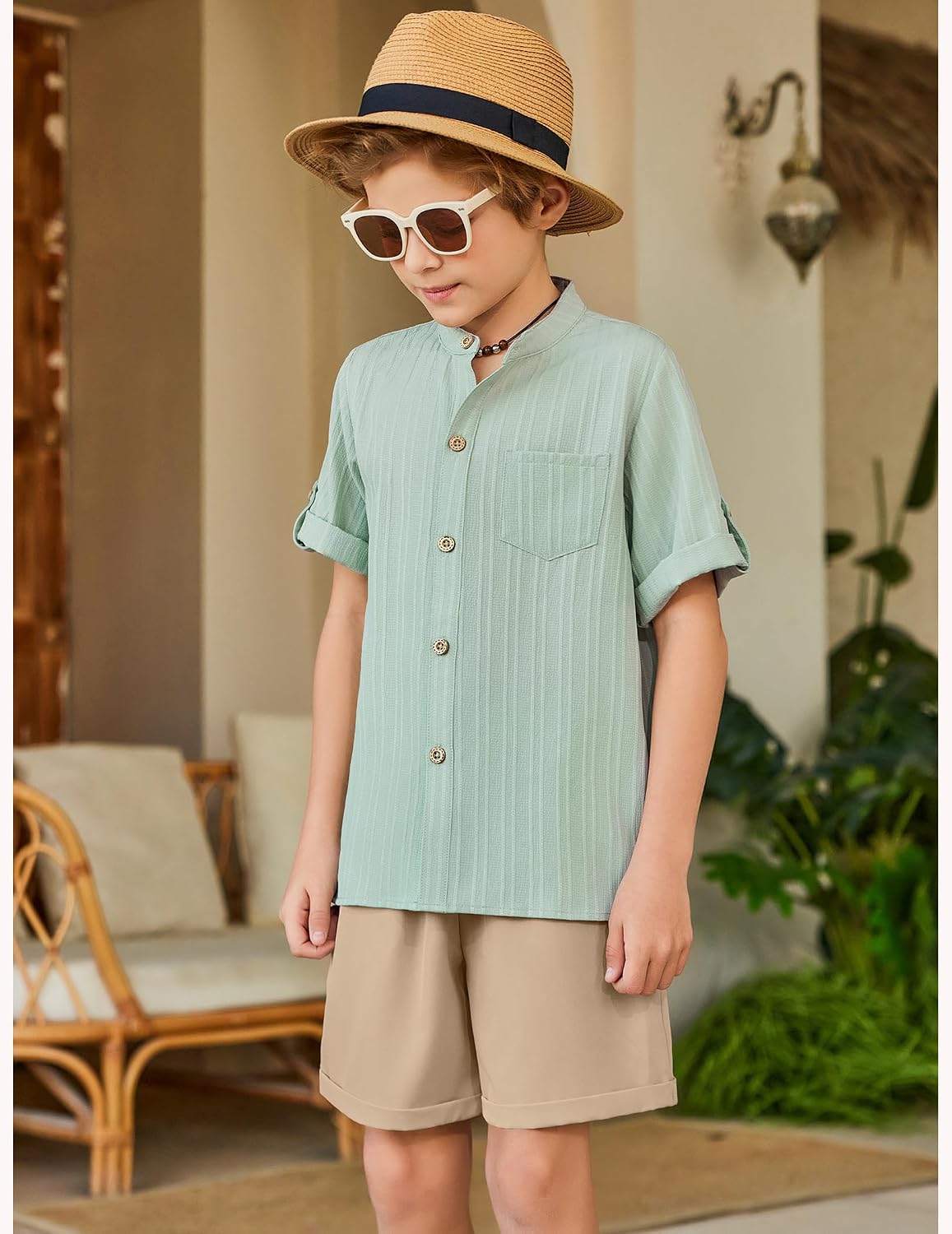 Arshiner Boys Summer Outfits Textured Button Down Shirt and Shorts Set