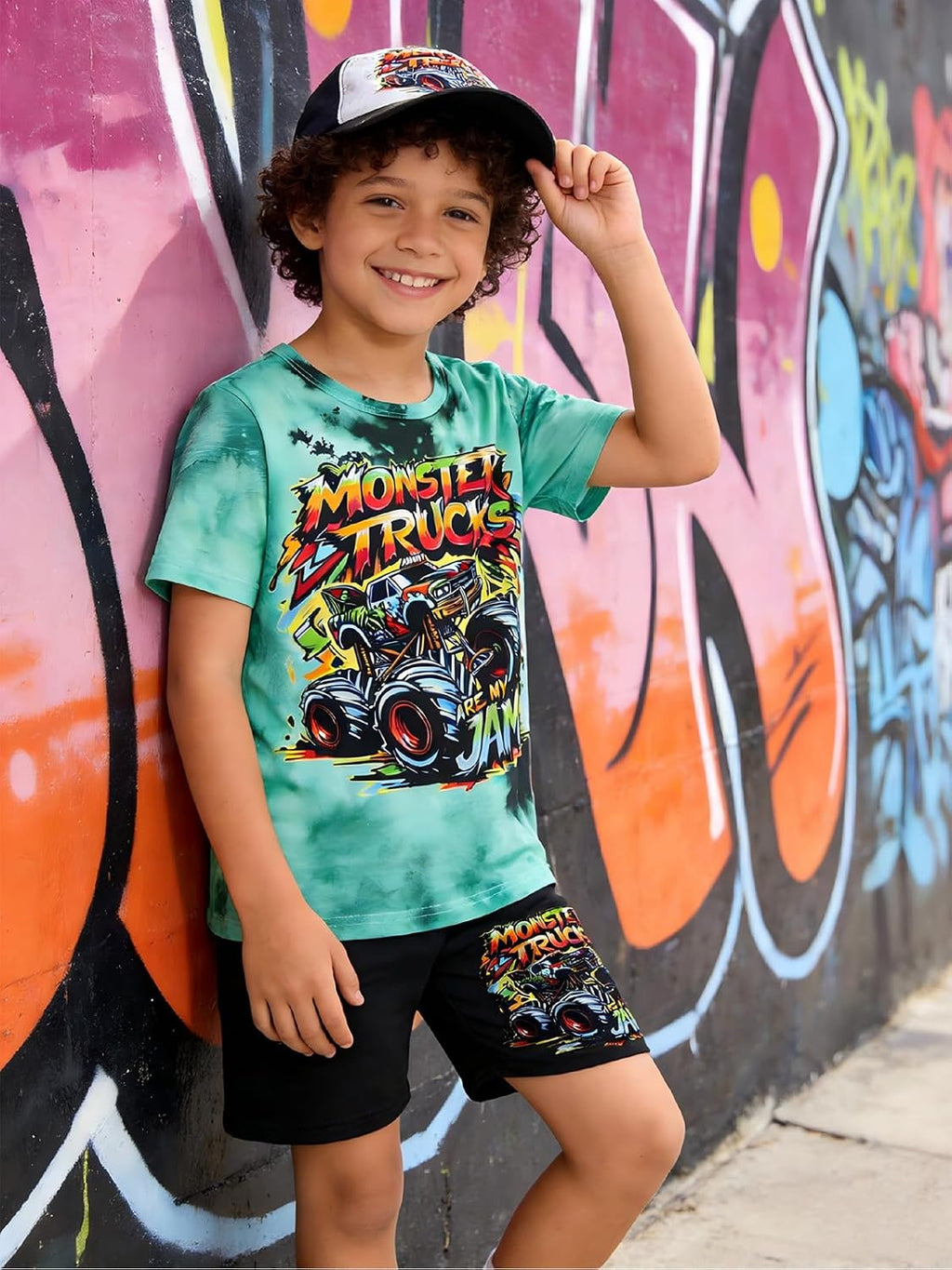 Boys Clothes 2-Piece Summer Outfit 3D Car Print Tie-Dye T-Shirt & Elastic Waist Shorts for Kids Clothing Set 5-11Y