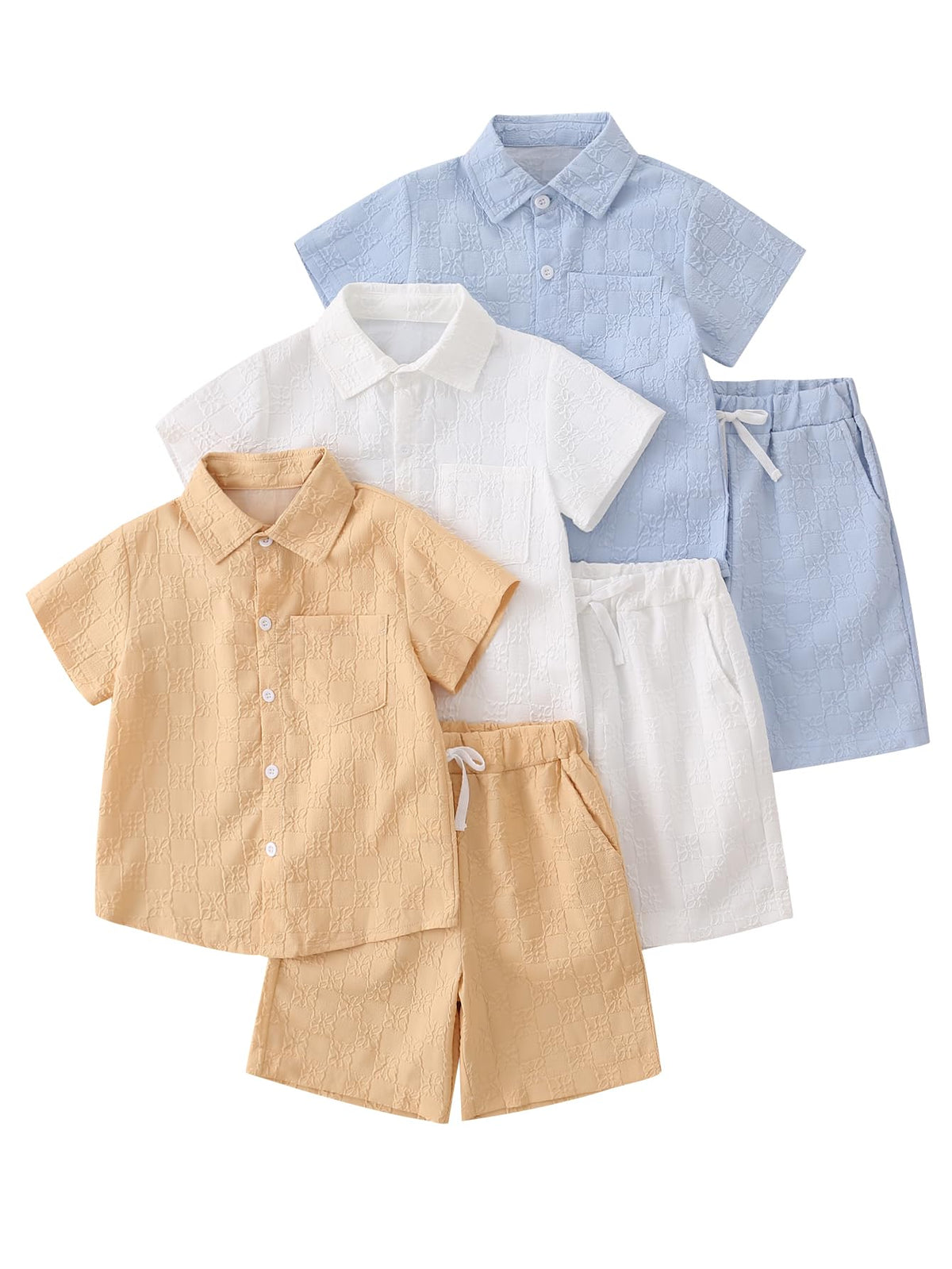 Boys 6 Pcs Outfits Sets Solid Textured Shirts and Shorts 4-12Y