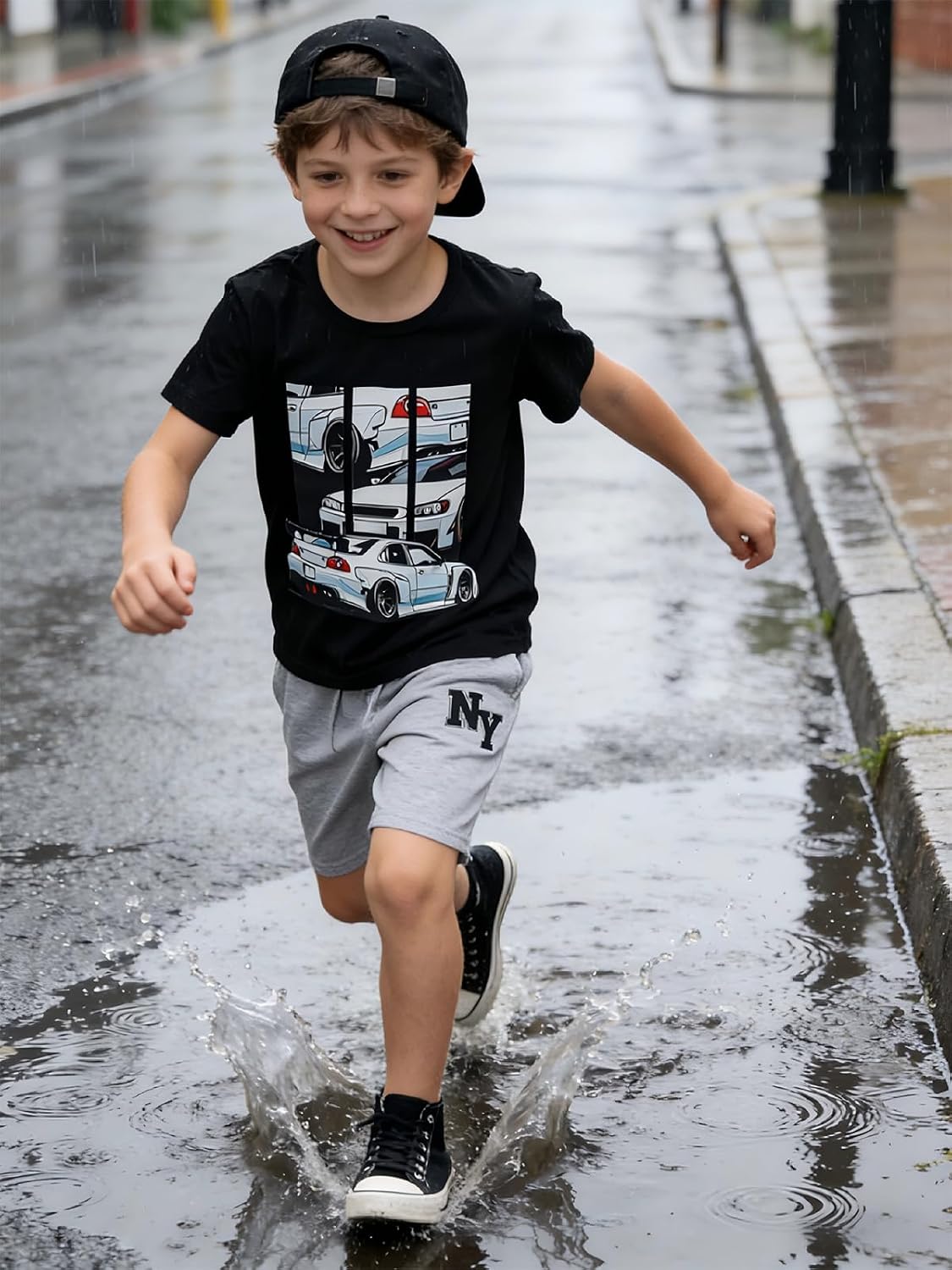 Boys Clothes 2-Piece Summer Outfit Car Print T-Shirt & Letter Print Shorts for Kids Clothing Set 6-12Y