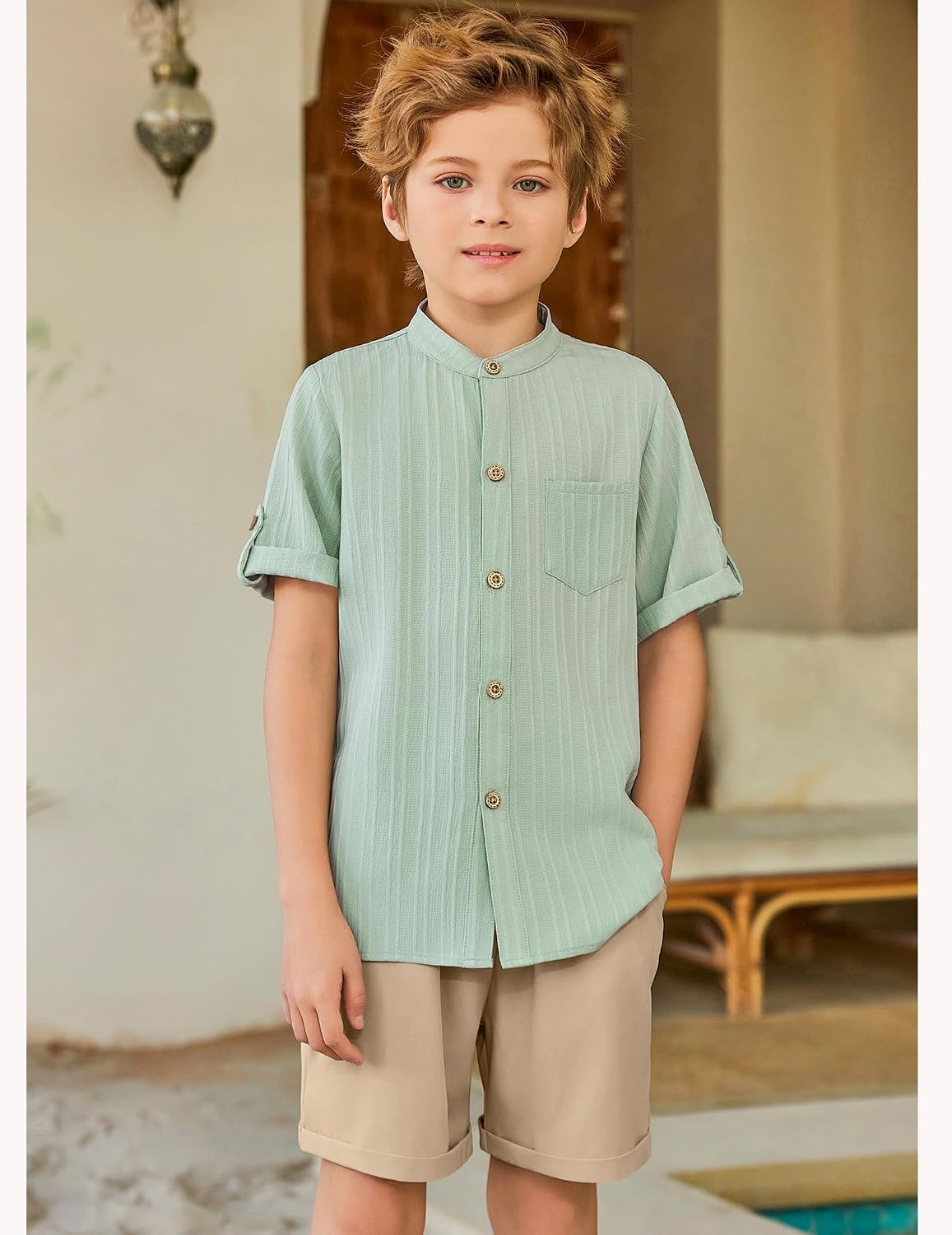 Arshiner Boys Summer Outfits Textured Button Down Shirt and Shorts Set