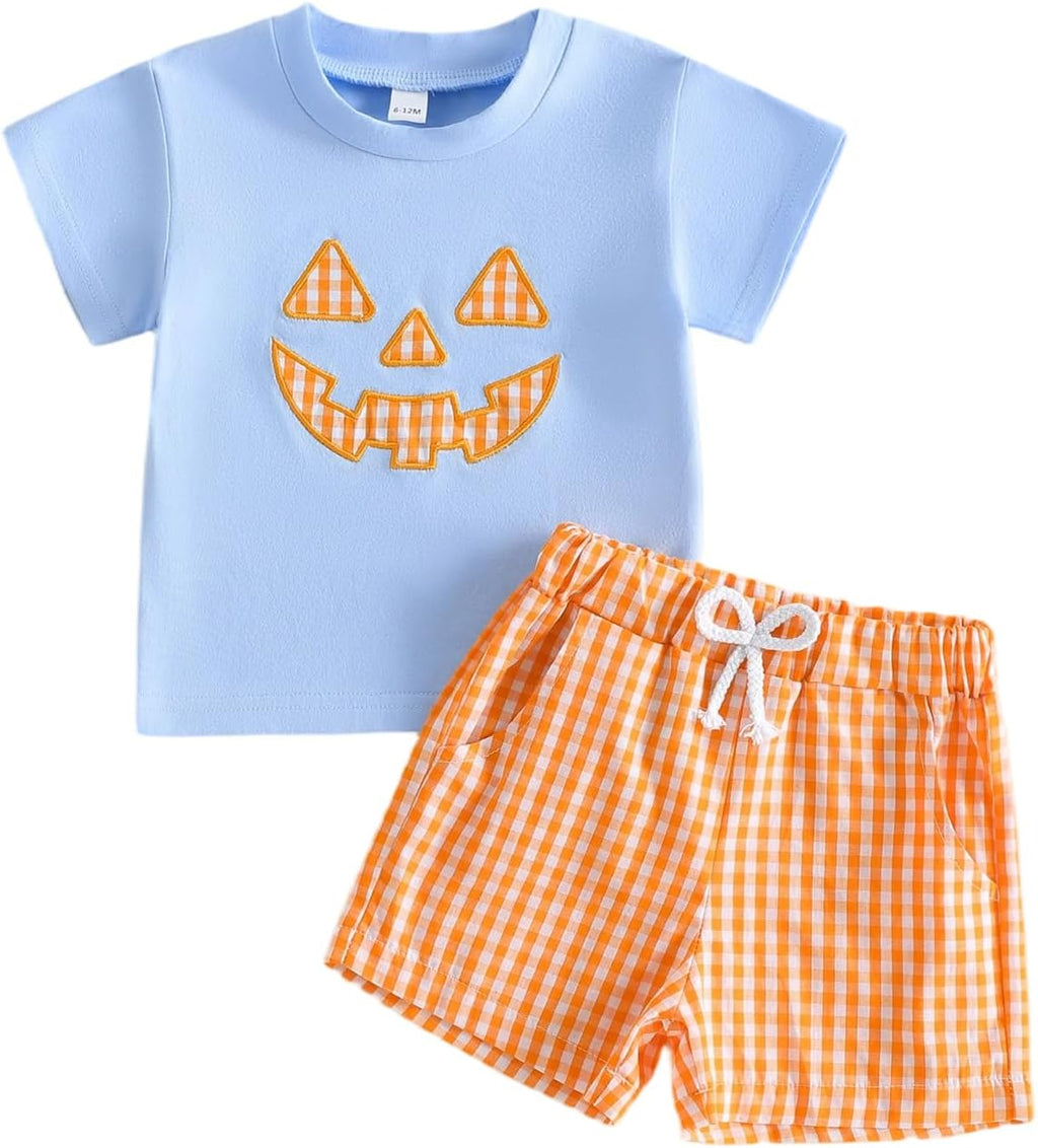 Karuedoo Kids Toddler Baby Boy Halloween Outfit Pumpkin Face Embroidery Short Sleeve T Shirt Plaid Shorts Set Fall Clothes