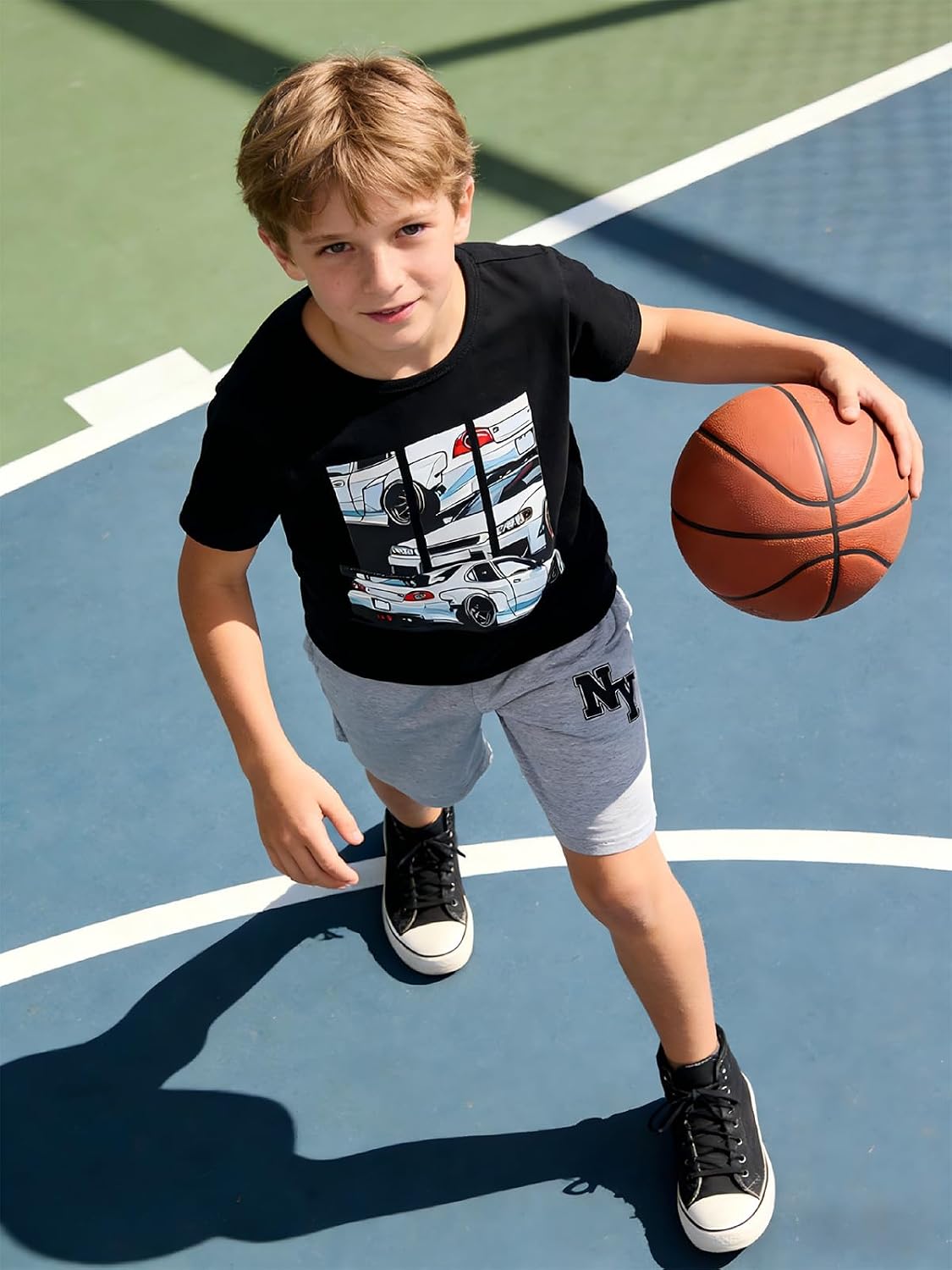 Boys Clothes 2-Piece Summer Outfit Car Print T-Shirt & Letter Print Shorts for Kids Clothing Set 6-12Y