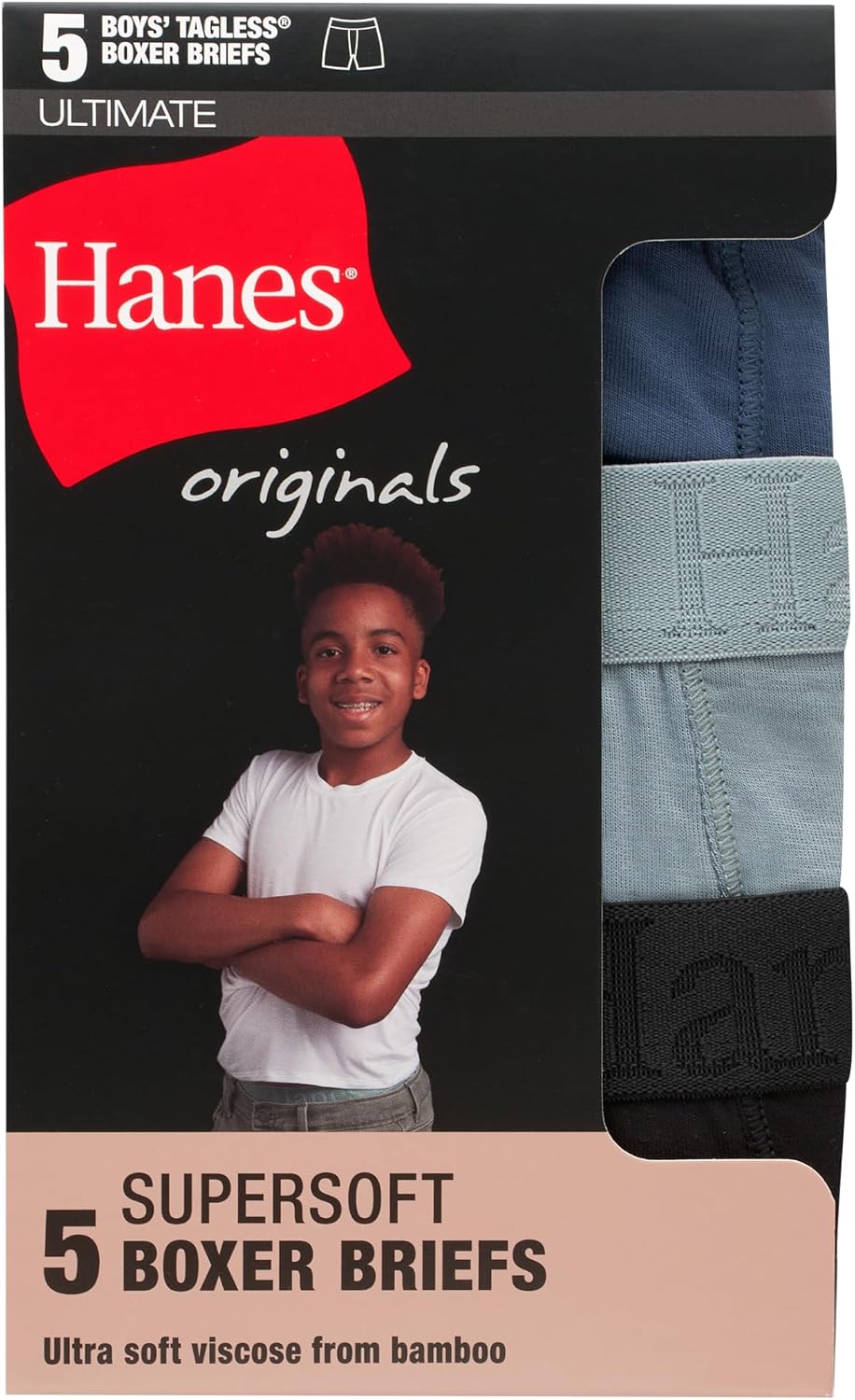 Hanes Boys' Originals Ultimate SuperSoft Boxer Brief Underwear, Assorted, 5-Pack