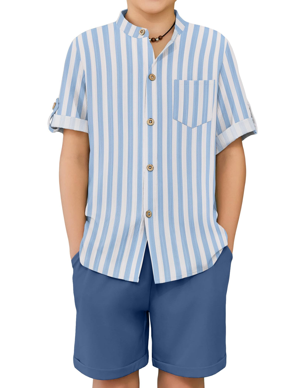 Arshiner Boys Summer Outfits Textured Button Down Shirt and Shorts Set