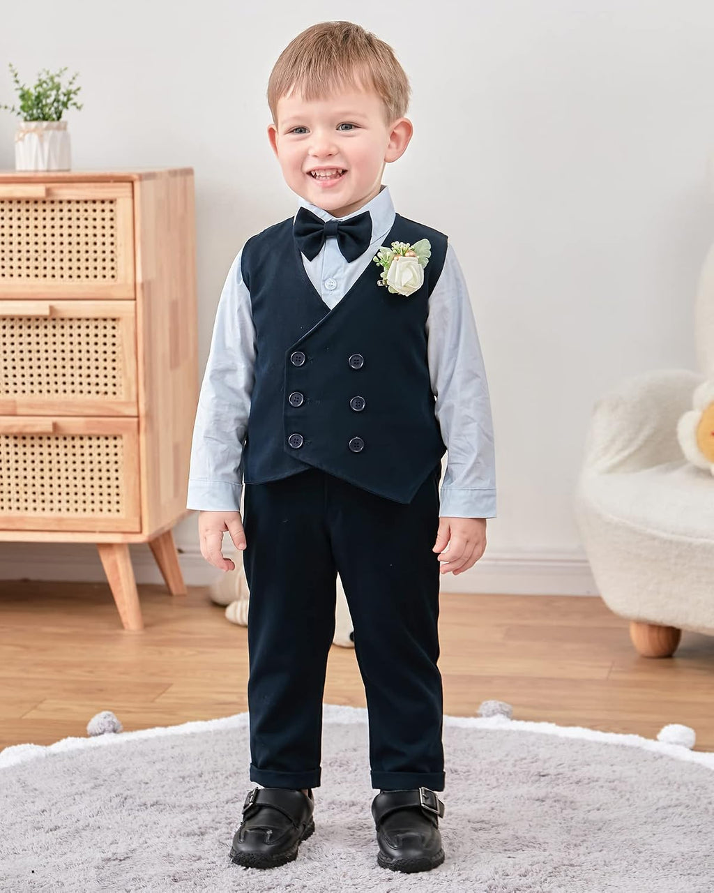 YALLET Toddler Baby Boy Clothes Suit Gentleman Wedding Outfits, Formal Dress Shirt+Bowtie+Vest+Boutonniere+Suspender Pants