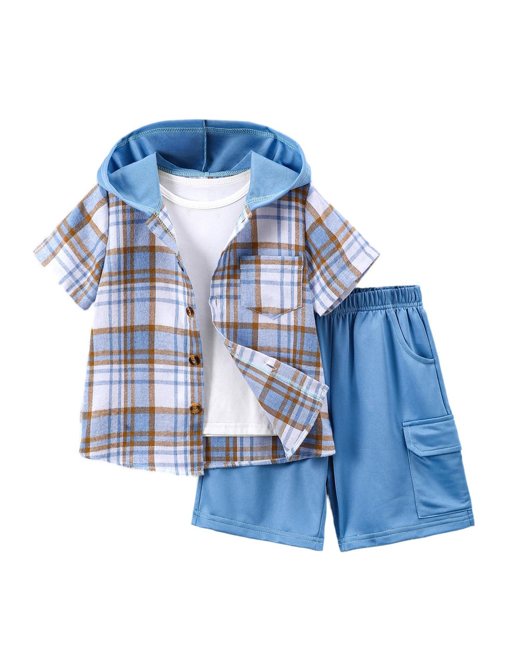 Boys Clothes Shorts Sets Plaid Short Sleeve Hooded Button Shirt and Jogger Shorts for Kids Summer Outfits