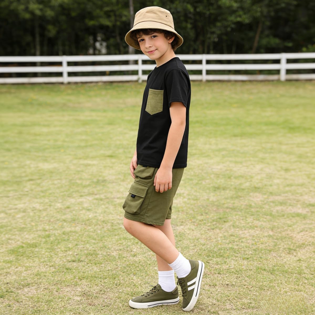 Azmxynol Tween Boys Clothes Daily Casual Short Sleeve Top + Cargo Shorts 2 Pieces Outfit Set, Size 6-14 Years