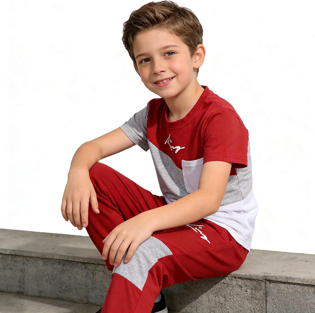 Axumity Tween Boys' 2-Piece Casual Outfit Spring Summer Short Sleeve Crewneck Top & Color Block Pants Size 6-13