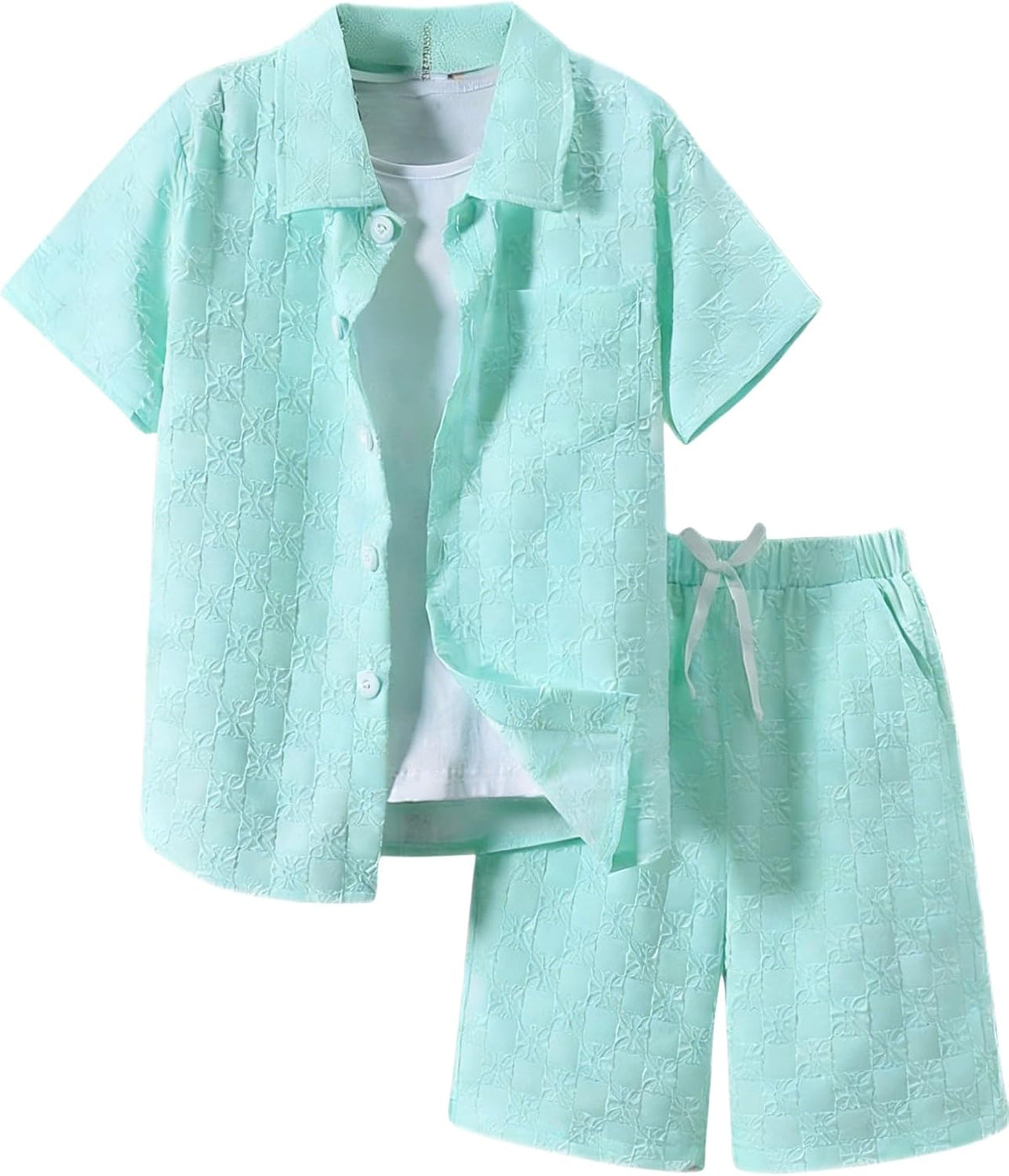Ayzozuy Boys Summer 2-Piece Outfit Size 6-13 Short-Sleeve Textured Button-Down Shirt & Solid Elastic-Waist Shorts Set