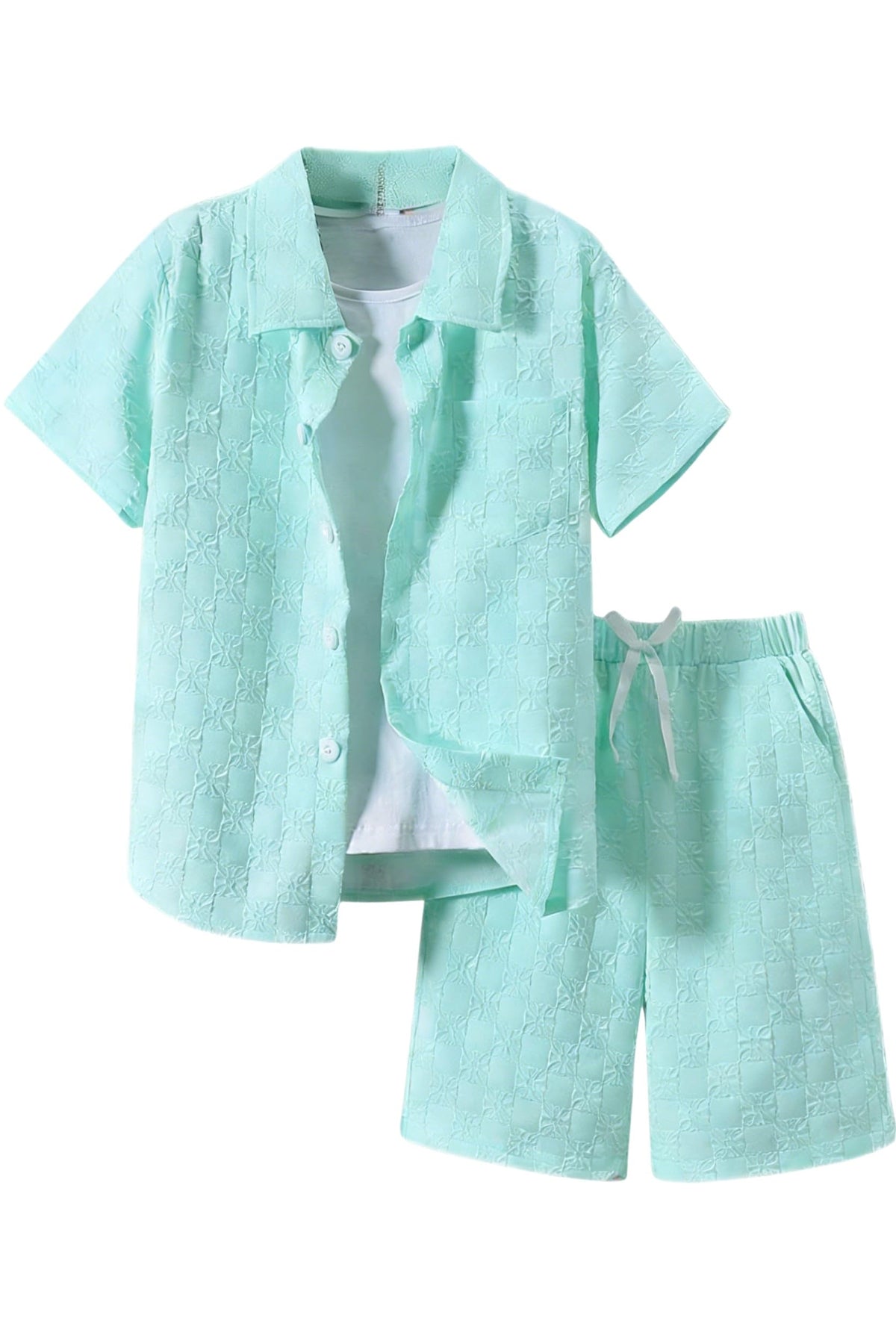 Ayzozuy Boys Summer 2-Piece Outfit Size 6-13 Short-Sleeve Textured Button-Down Shirt & Solid Elastic-Waist Shorts Set
