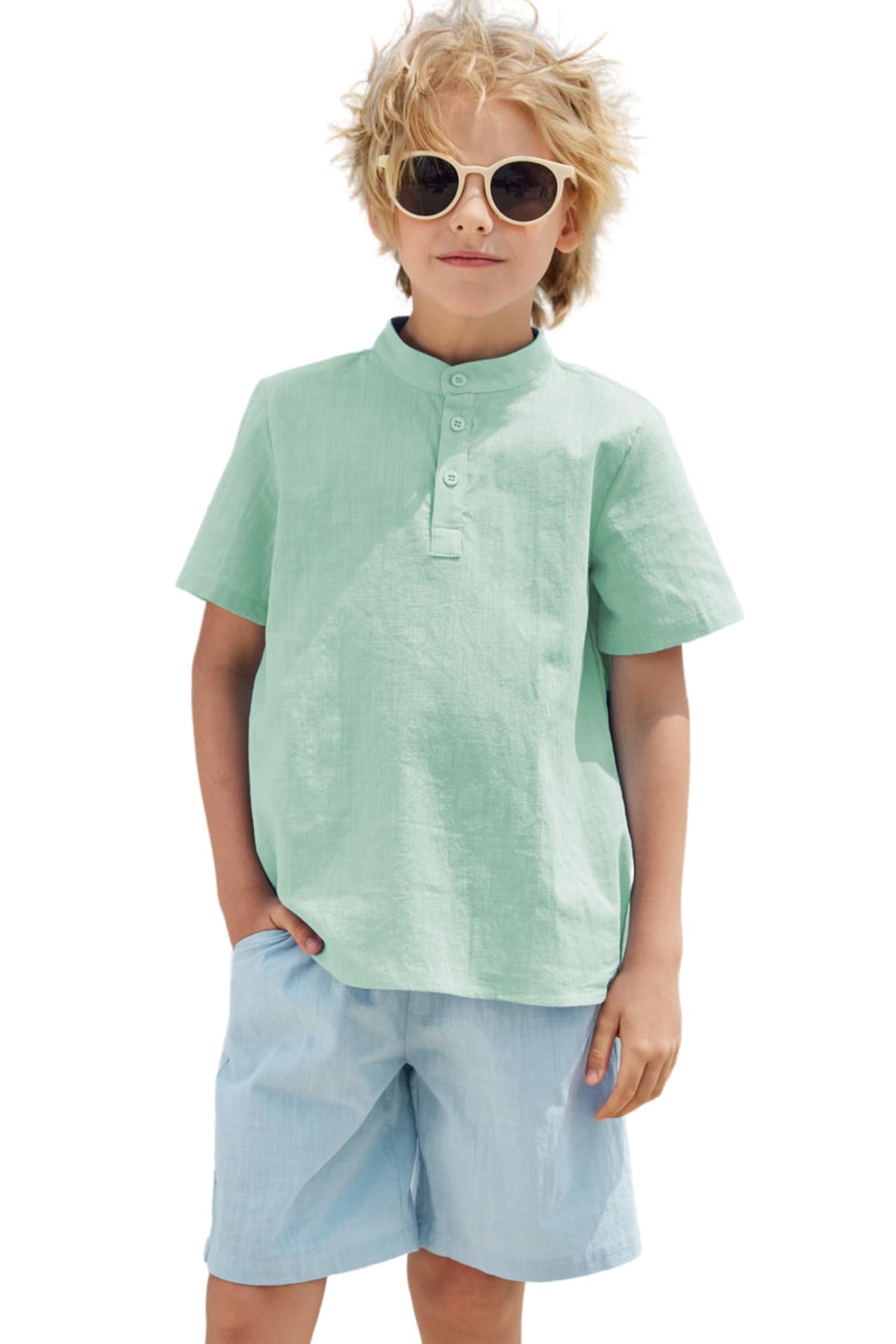 Arshiner Boy's 2 Pieces Cotton Linen Set Casual Henley Shirts Short Sleeve Beach Shorts Summer Outfits for 5-12 Years