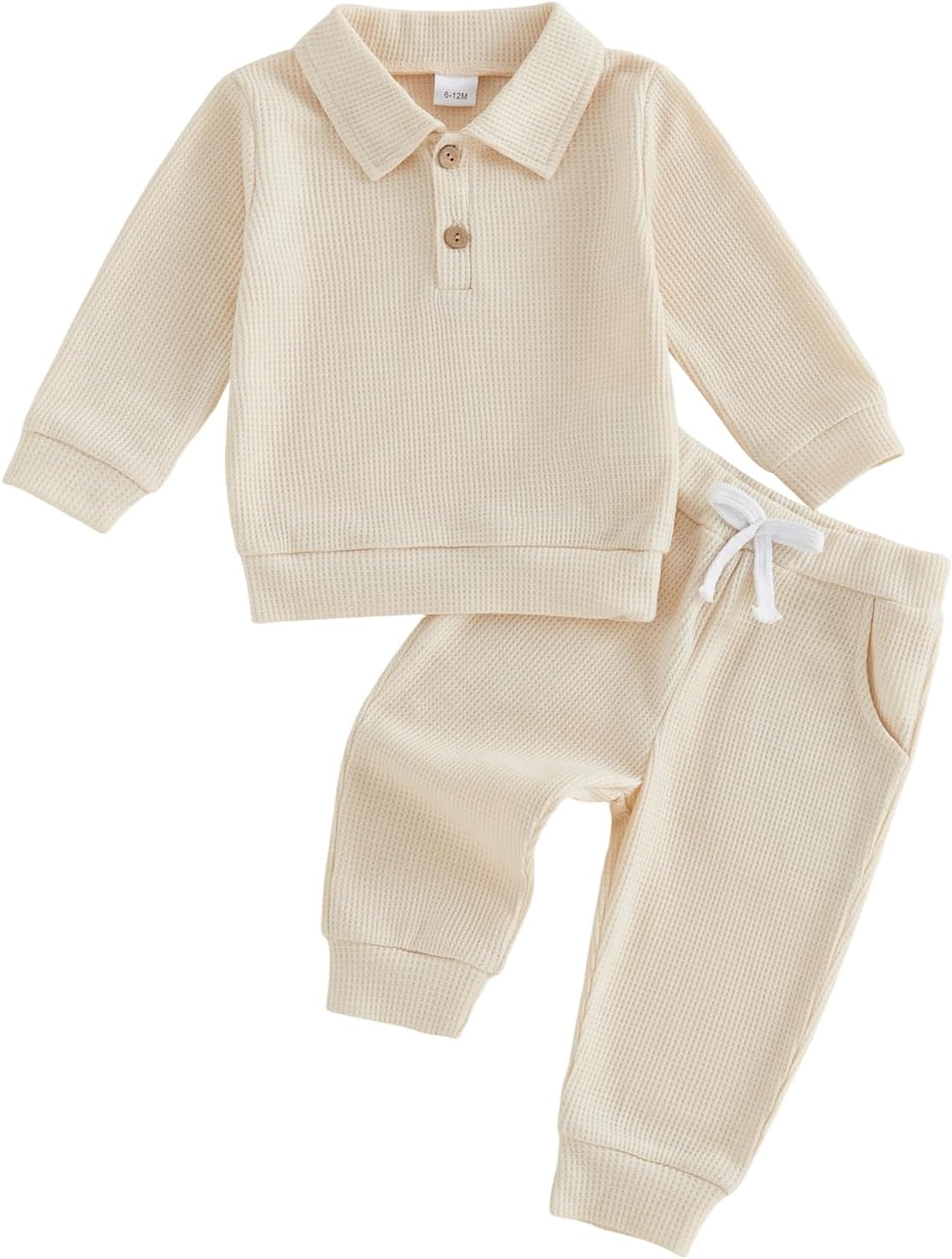 Bagilaanoe Fall Toddler Baby Boy Outfit Polo Long Sleeve Sweatshirt Pullover Top+ Pants Solid Waffle Knit Clothes 2PCS Set