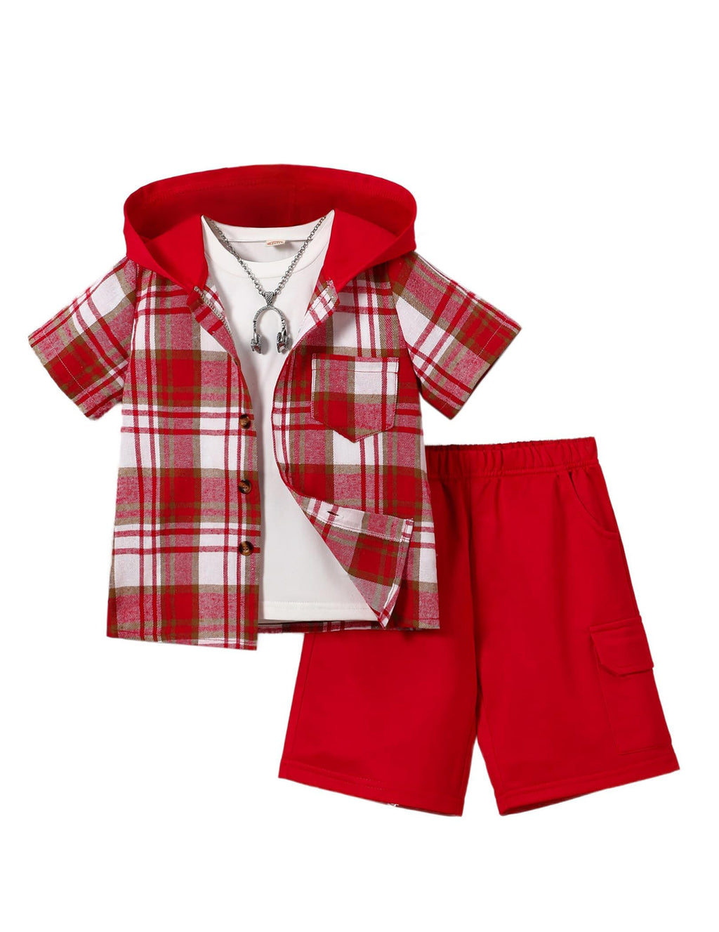 Boys Clothes Shorts Sets Plaid Short Sleeve Hooded Button Shirt and Jogger Shorts for Kids Summer Outfits