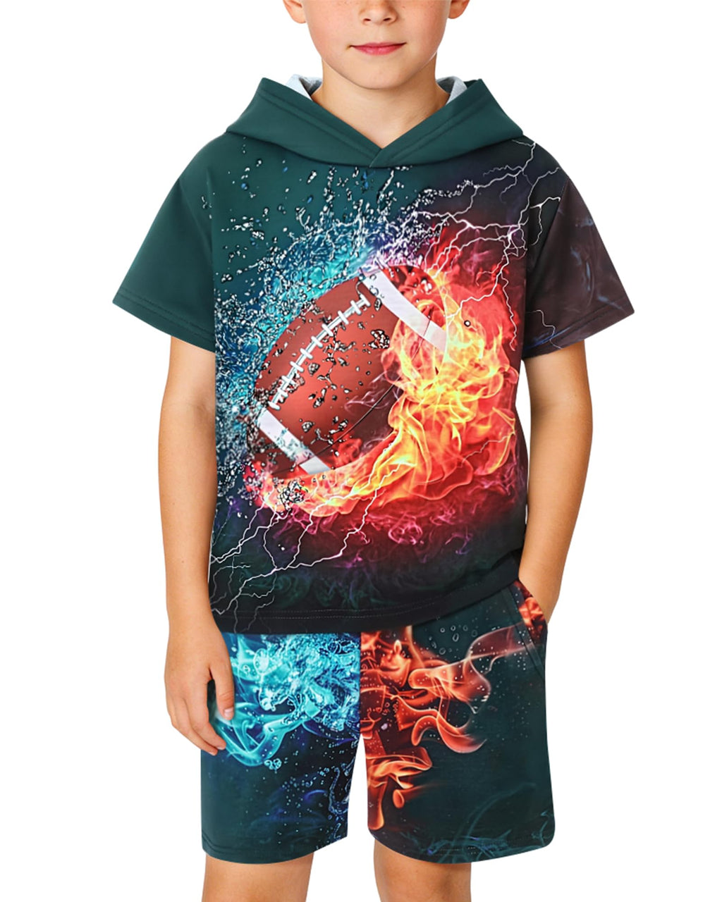 Boys 2Pcs Summer Clothes 3D Printing Short Sleeve Hooded T-Shirt and Shorts Outfit for 5-12 Years