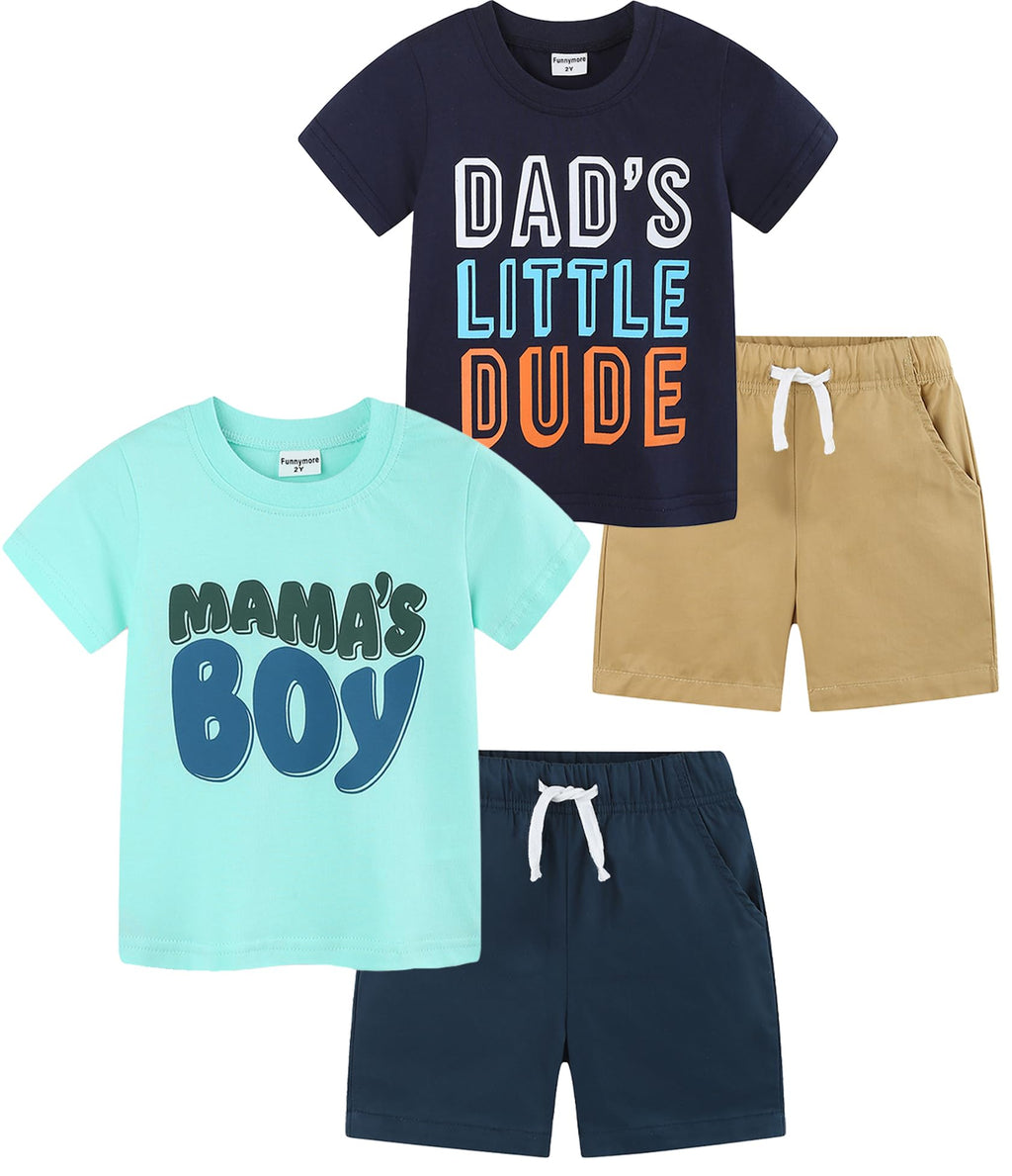Funnymore Toddler Boy Clothes 4 Pieces Cotton Spring Summer Short Sleeve T-Shirt And Shorts Clothing Set 2-7T