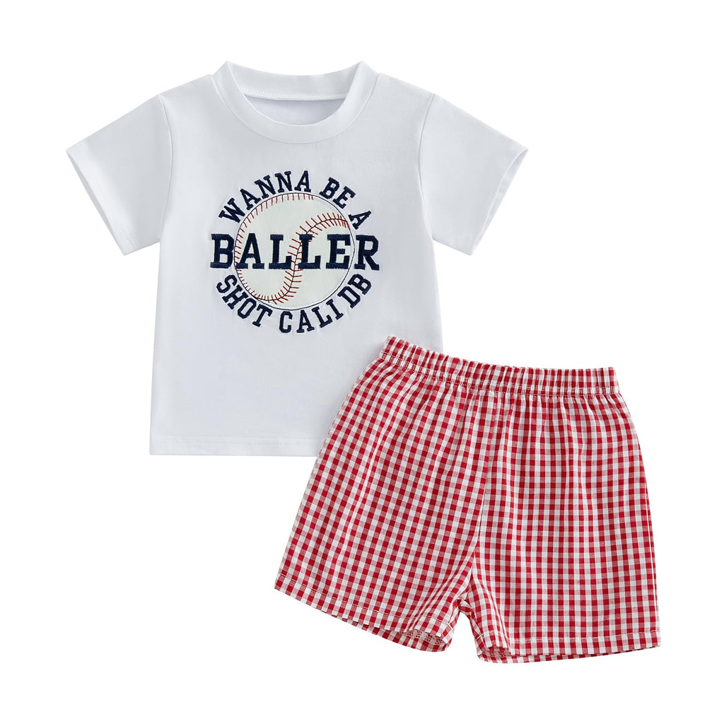 Toddler Baby Boy Baseball Outfits Summer Clothes T-shirt Plaid Shorts Set