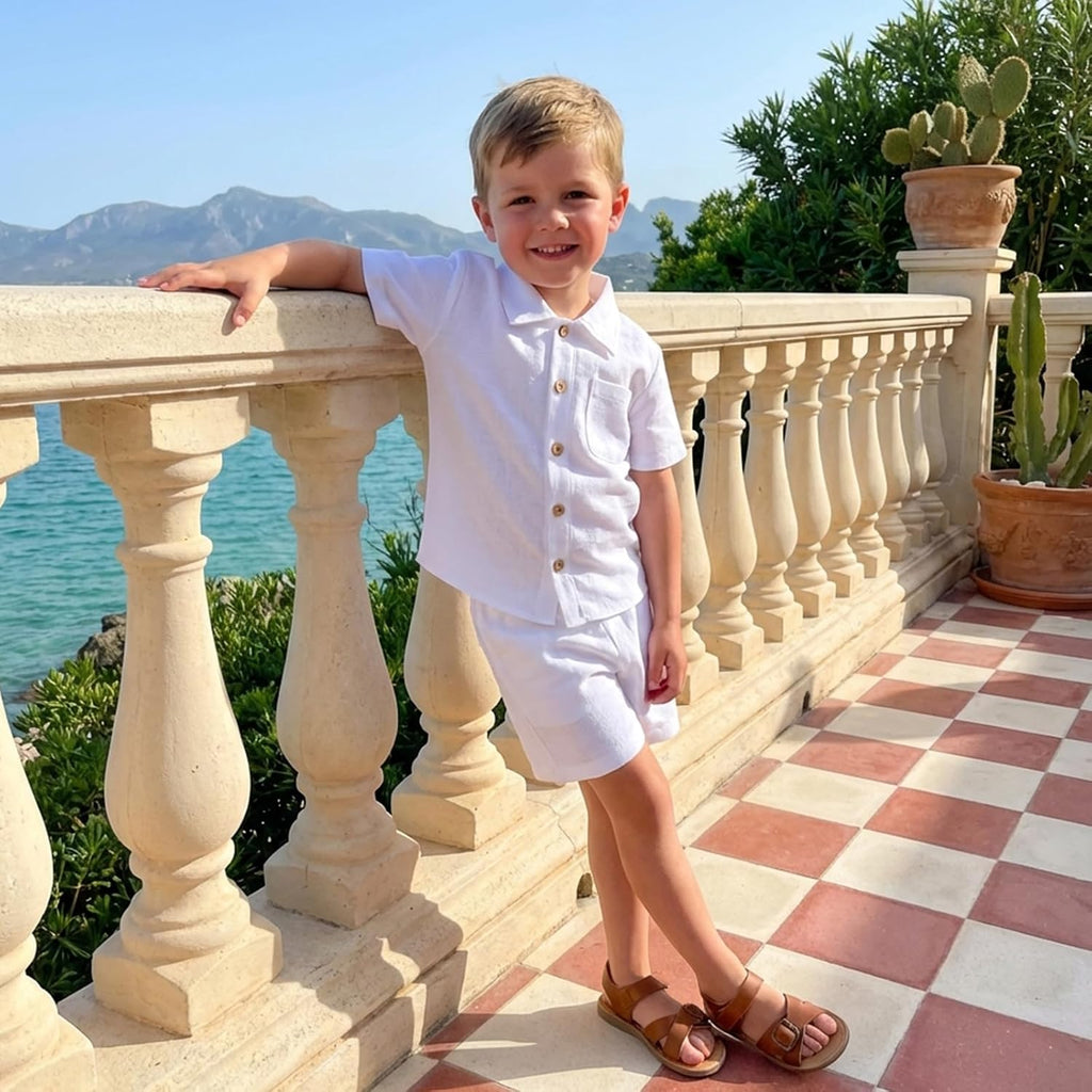 Baby Boys Summer Outfit Cotton Button Down Shirt and Shorts Set Toddler Infant Clothes for Beach Baptism Birthday