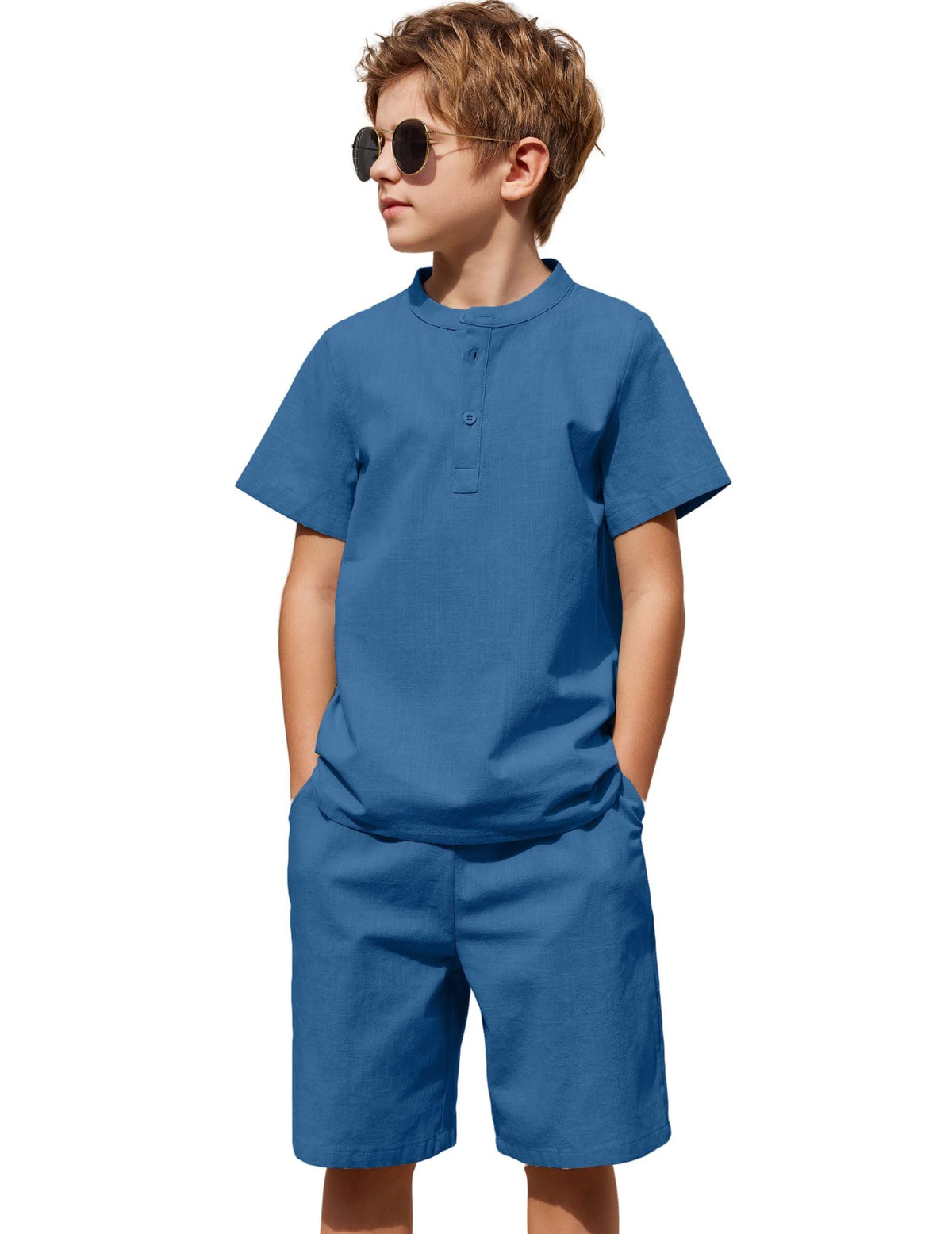 Arshiner Boy's 2 Pieces Cotton Linen Set Casual Henley Shirts Short Sleeve Beach Shorts Summer Outfits for 5-12 Years