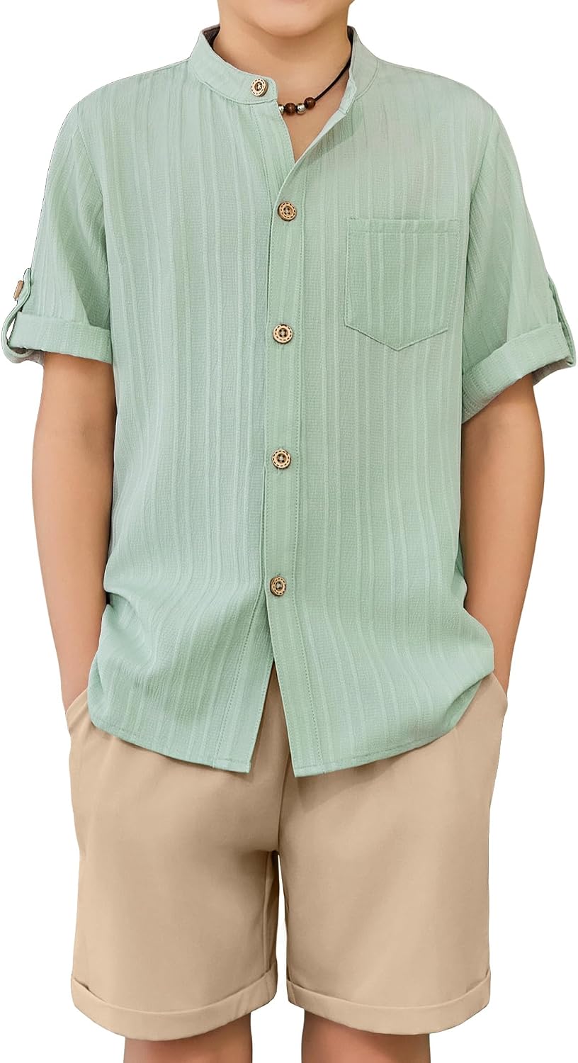 Arshiner Boys Summer Outfits Textured Button Down Shirt and Shorts Set