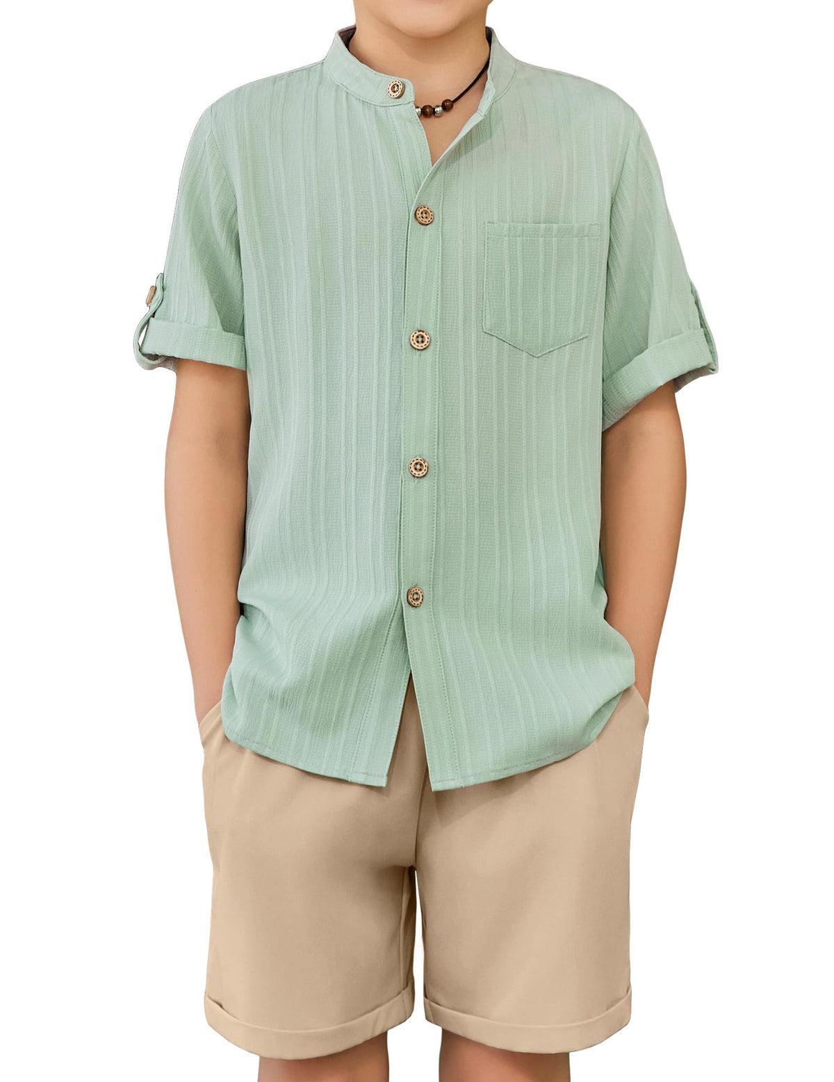 Arshiner Boys Summer Outfits Textured Button Down Shirt and Shorts Set
