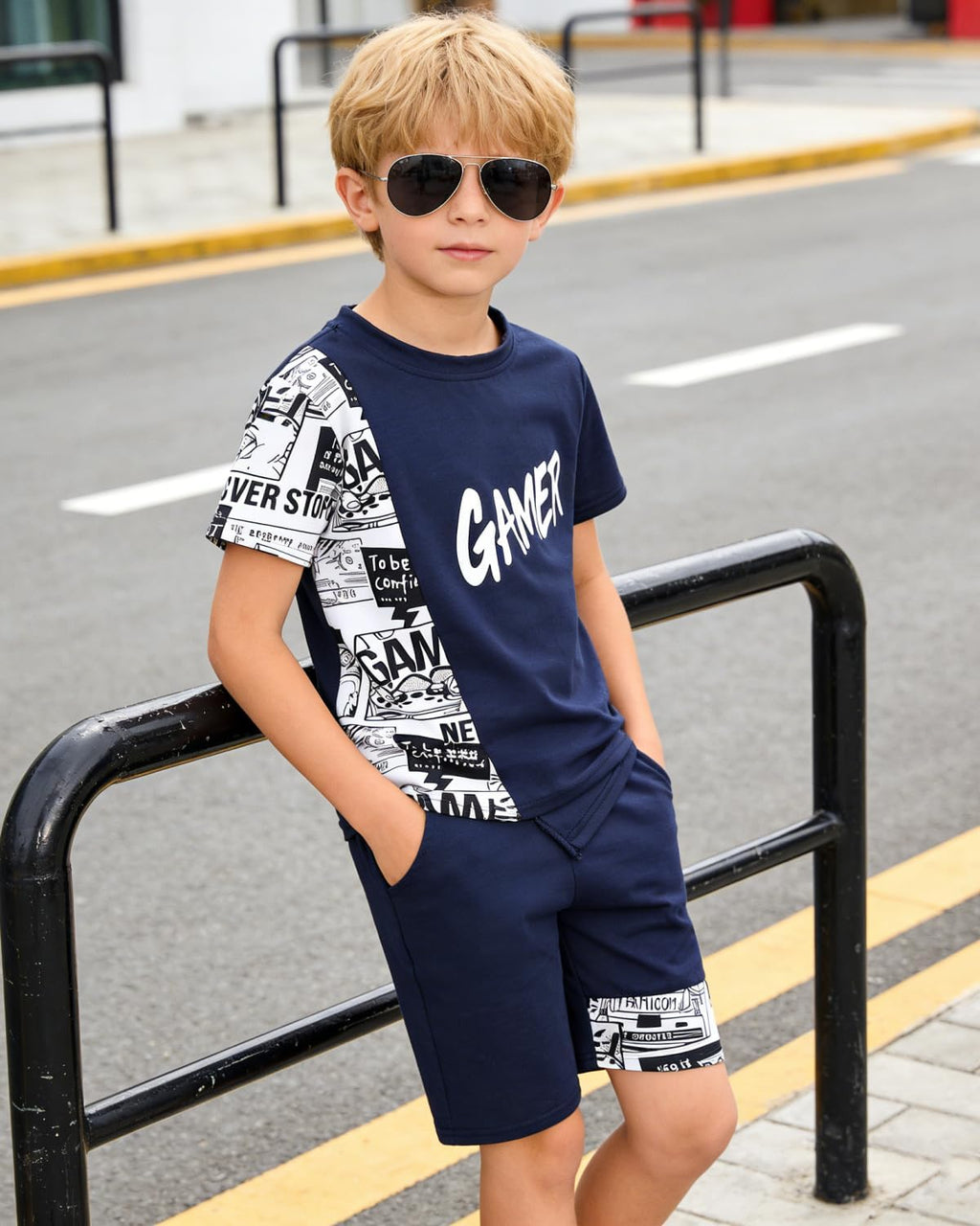 OLMRJKD Boys 2 Piece Outfits Short Sleeve Colorblock T-shirt and Shorts Summer Casual Clothes for 6-12 Years
