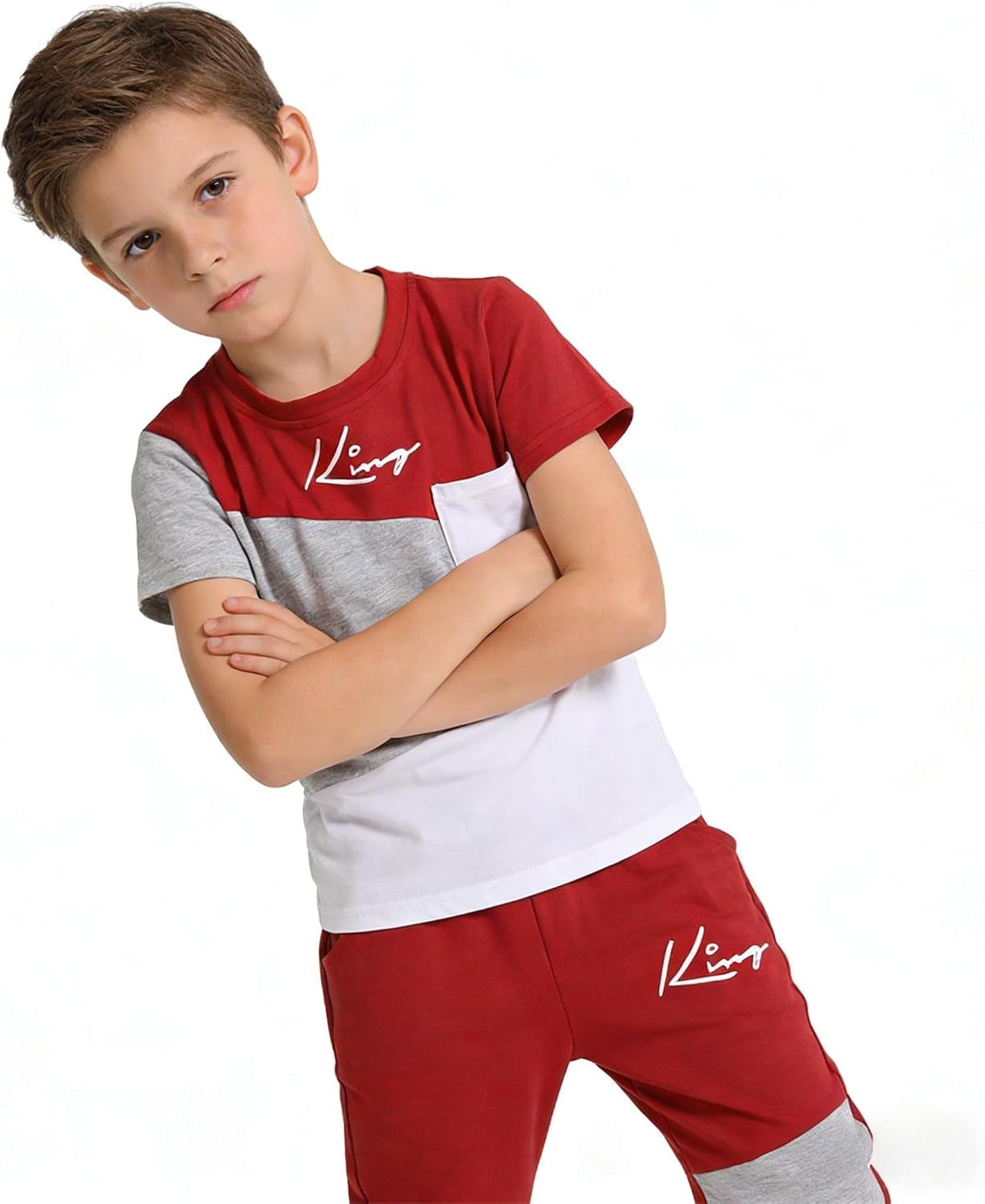 Axumity Tween Boys' 2-Piece Casual Outfit Spring Summer Short Sleeve Crewneck Top & Color Block Pants Size 6-13