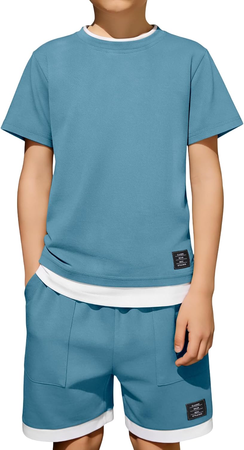 Toddler Kids Boys Soft Comfy 2 Pieces Set Short Sleeve Shirts and Shorts Sets Boy Summer Clothes 4-12 Years