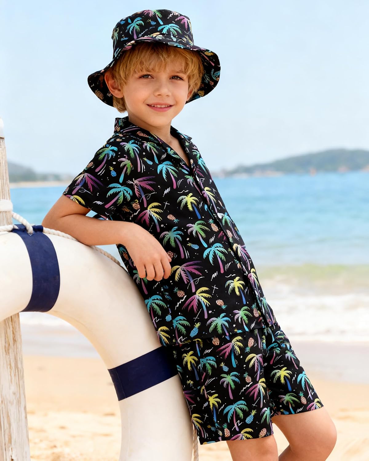 ZOEREA Boys Hawaiian Outfit 3Pcs Kids' Summer Beach Clothes Set Luau Tropical Shirt Top +Shorts + Hat for Children 4-12 Year