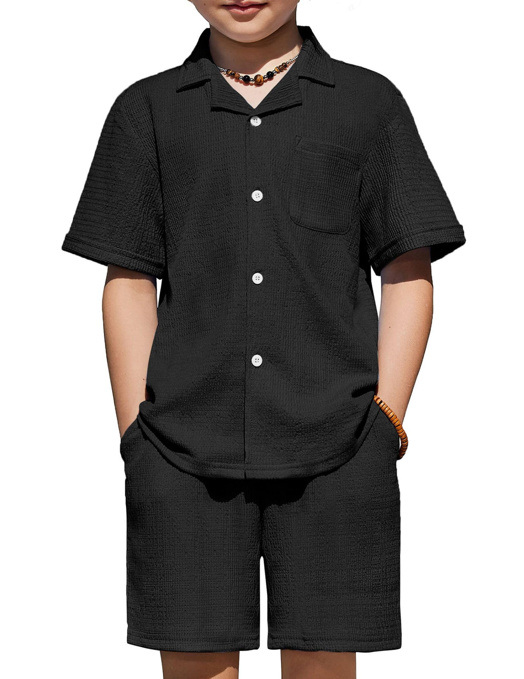 Arshiner Boys Ribbed Textured Outfit Cuban Collar Shirt & Shorts 4-12 Years
